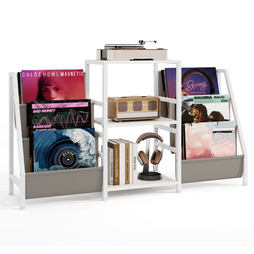 Record Player Stand for up to 200 Albums Turntable Display Stand with 3 Shelves, White