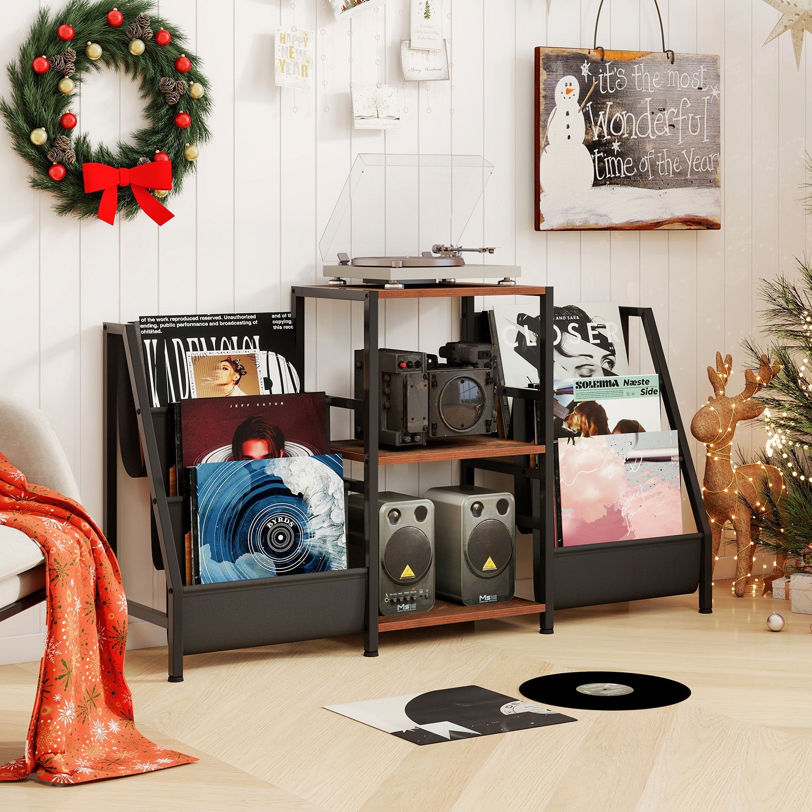 Record Player Stand for up to 200 Albums Turntable Display Stand with 3 Shelves, Rustic Brown End & Side Tables at Gallery Canada