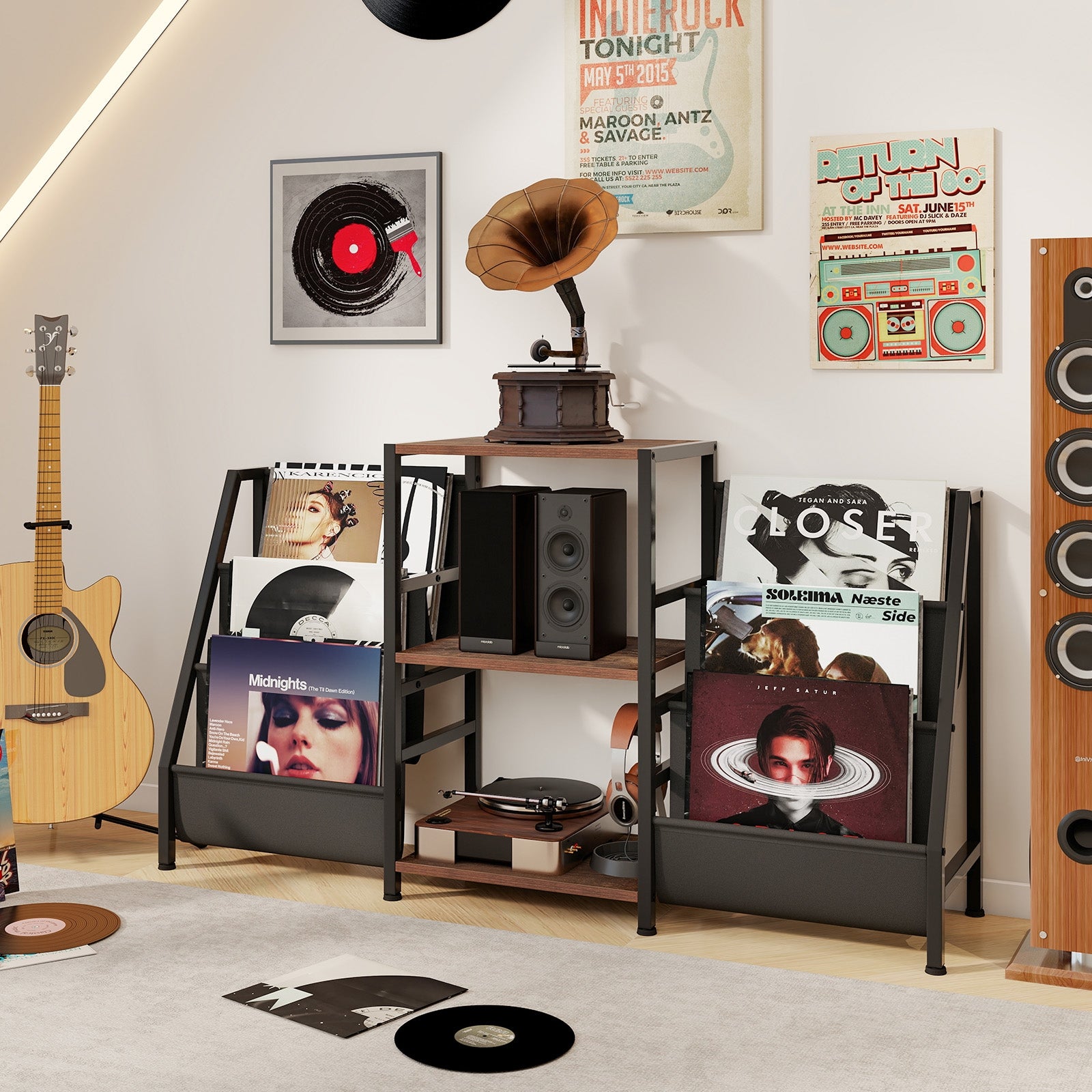 Record Player Stand for up to 200 Albums Turntable Display Stand with 3 Shelves, Rustic Brown End & Side Tables at Gallery Canada