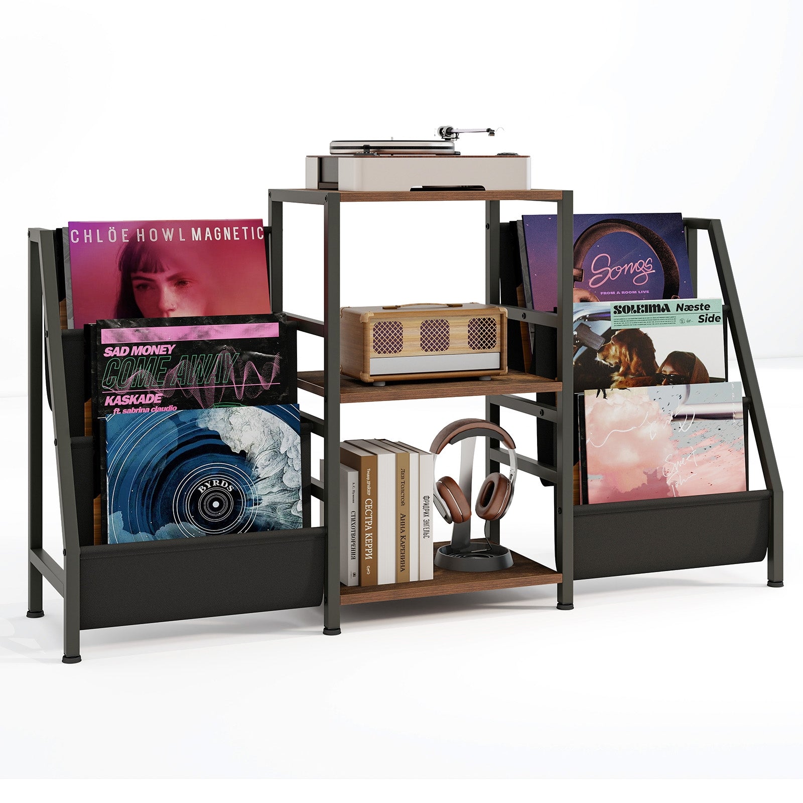 Record Player Stand for up to 200 Albums Turntable Display Stand with 3 Shelves, Rustic Brown End & Side Tables Rustic Brown at Gallery Canada