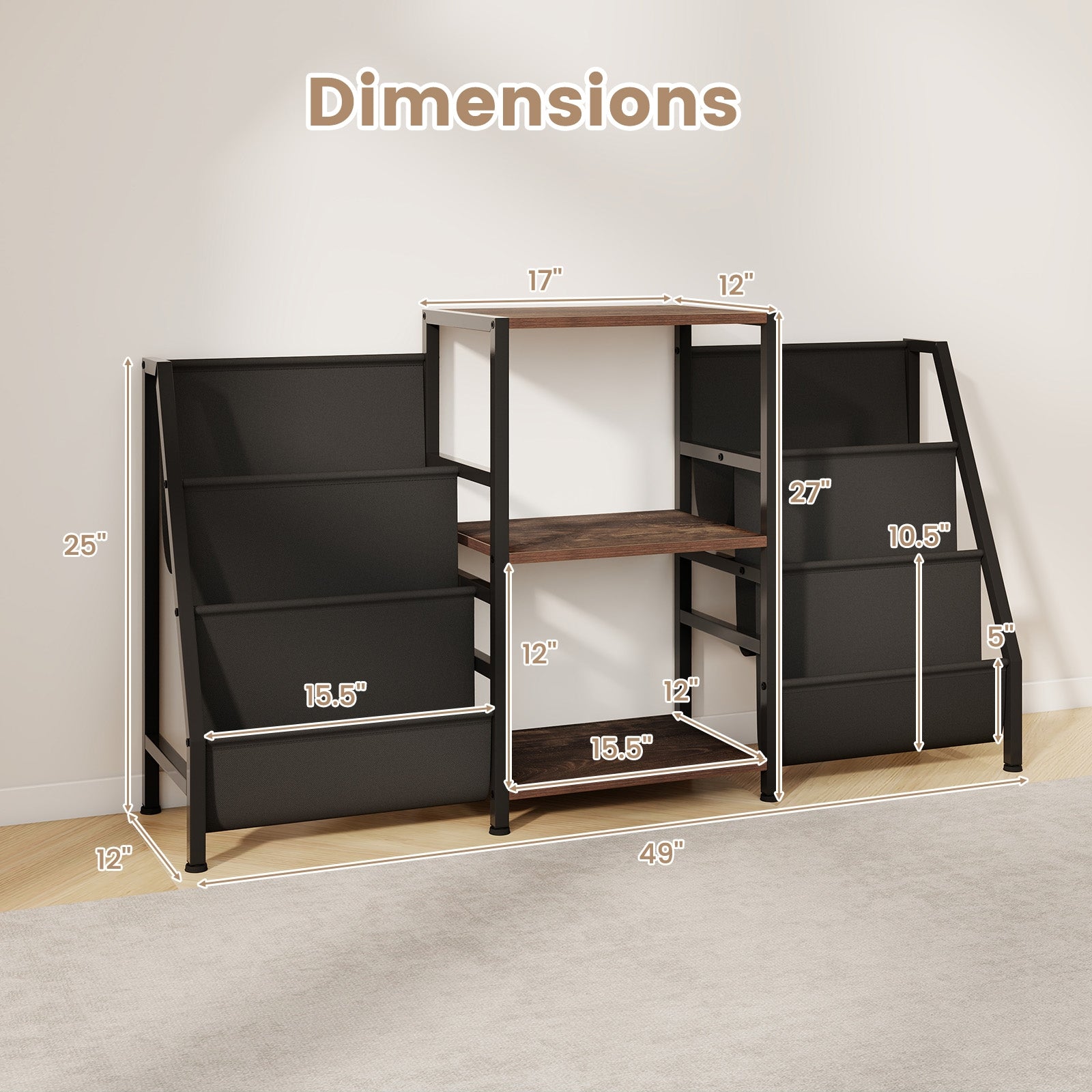 Record Player Stand for up to 200 Albums Turntable Display Stand with 3 Shelves, Rustic Brown End & Side Tables at Gallery Canada