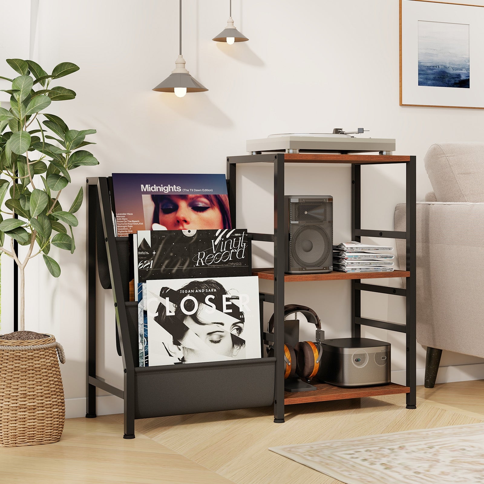 Record Player Stand for up to 200 Albums Turntable Display Stand with 3 Shelves, Rustic Brown End & Side Tables at Gallery Canada