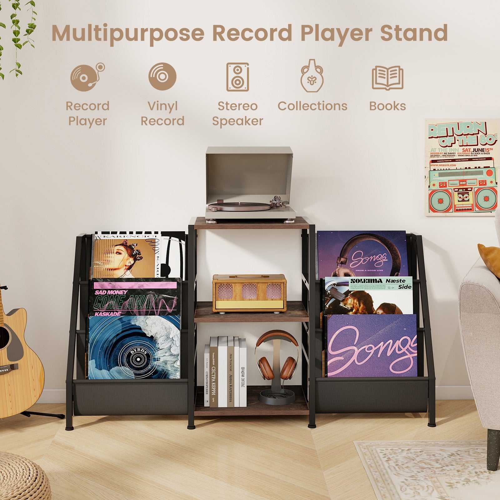 Record Player Stand for up to 200 Albums Turntable Display Stand with 3 Shelves, Rustic Brown End & Side Tables at Gallery Canada