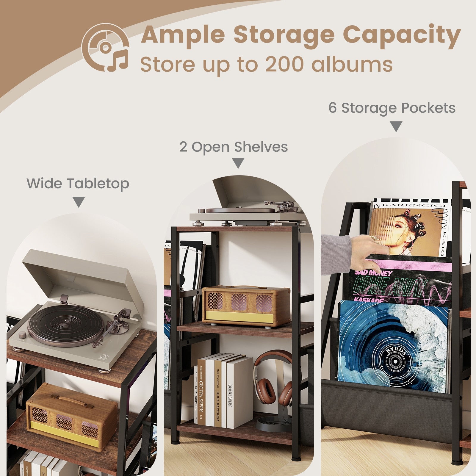 Record Player Stand for up to 200 Albums Turntable Display Stand with 3 Shelves, Rustic Brown End & Side Tables at Gallery Canada