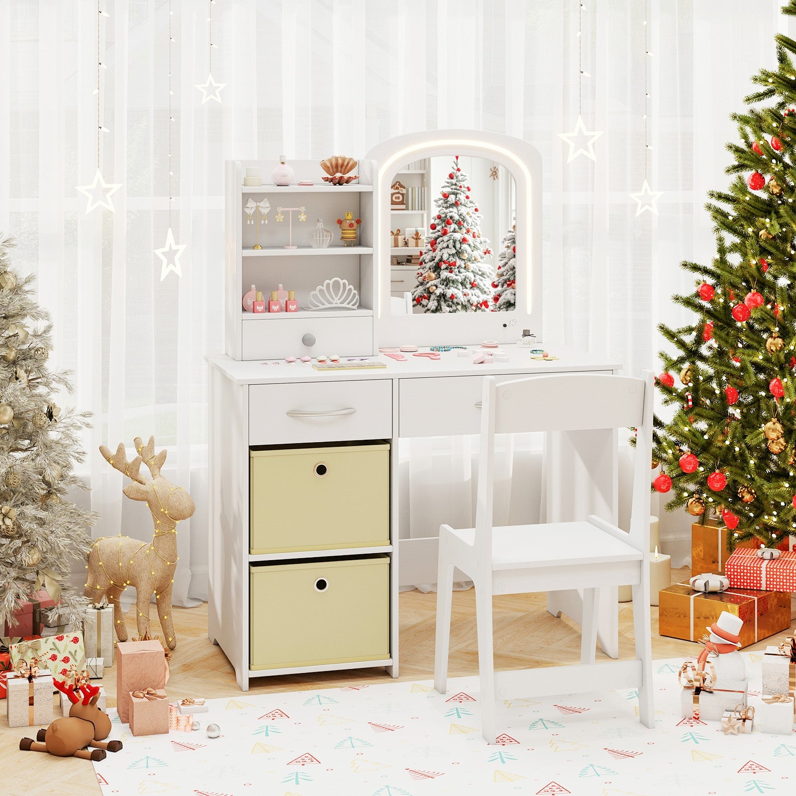 Kids Vanity Set with Lighted Mirror Makeup Desk and Chair Set with Drawers, White Kids Vanities at Gallery Canada