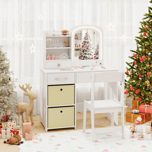 Kids Vanity Set with Lighted Mirror Makeup Desk and Chair Set with Drawers, White