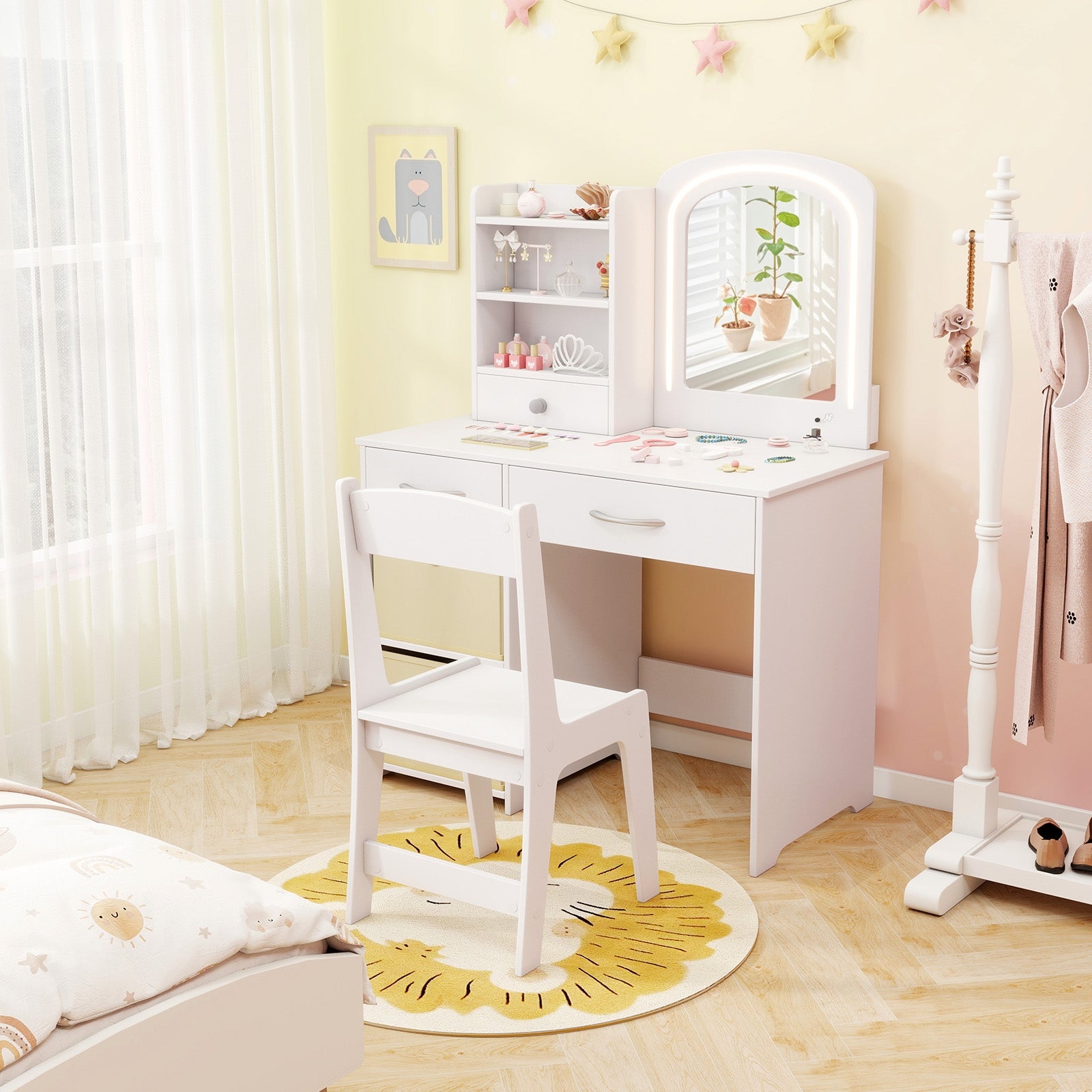 Kids Vanity Set with Lighted Mirror Makeup Desk and Chair Set with Drawers, White Kids Vanities at Gallery Canada