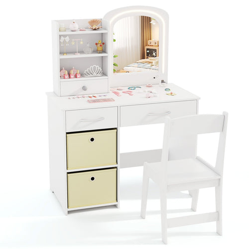 Kids Vanity Set with Lighted Mirror Makeup Desk and Chair Set with Drawers, White