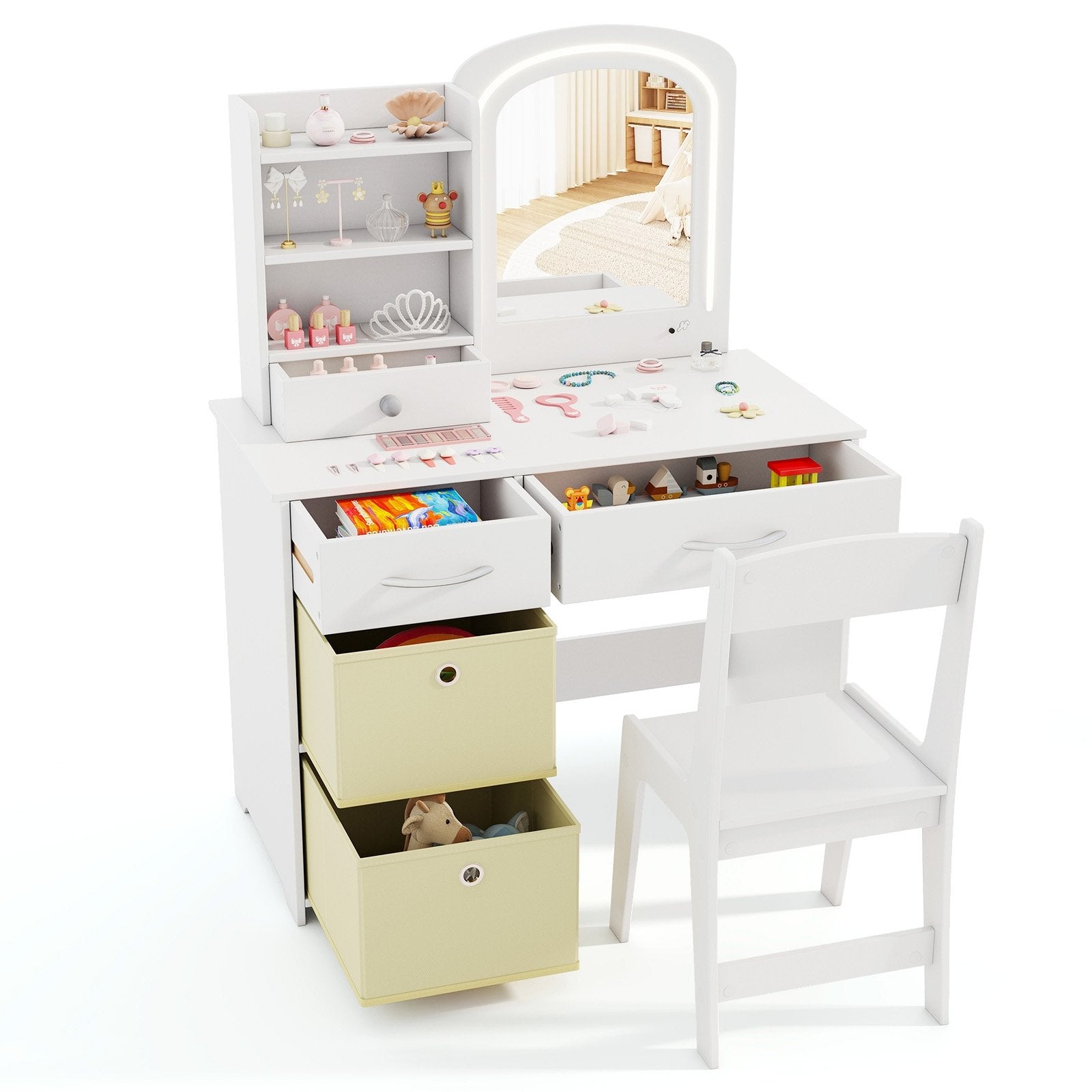 Kids Vanity Set with Lighted Mirror Makeup Desk and Chair Set with Drawers, White Kids Vanities at Gallery Canada
