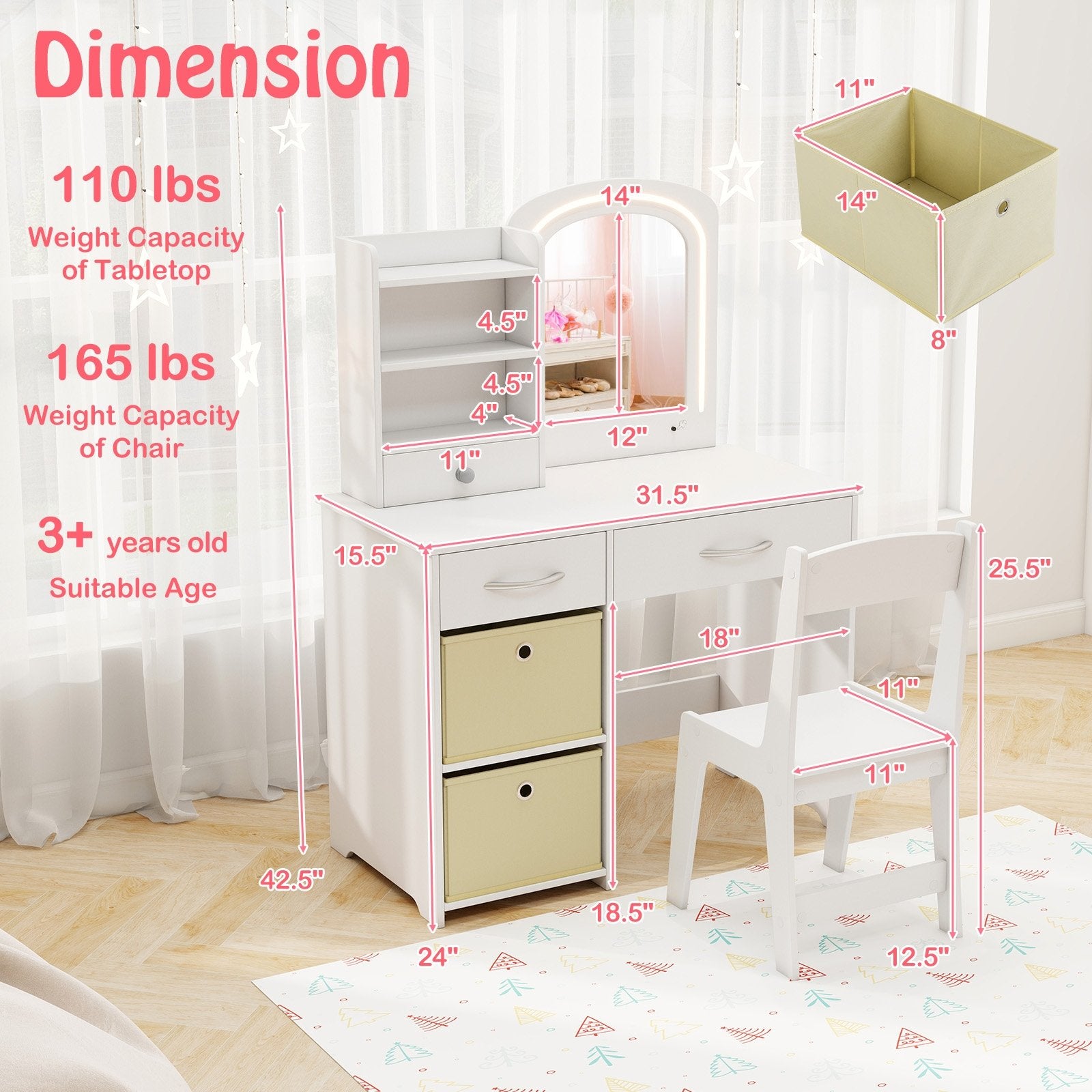 Kids Vanity Set with Lighted Mirror Makeup Desk and Chair Set with Drawers, White Kids Vanities at Gallery Canada