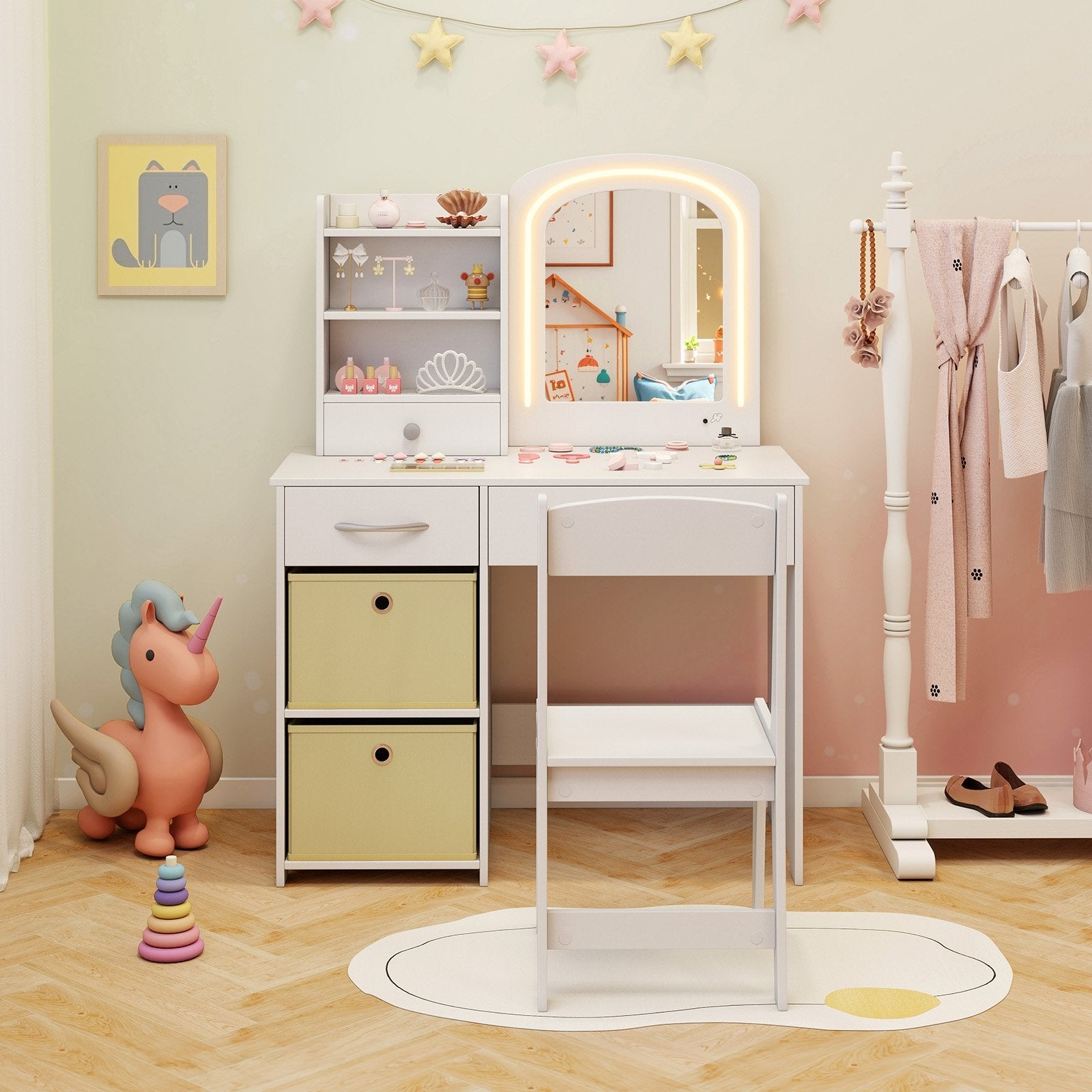 Kids Vanity Set with Lighted Mirror Makeup Desk and Chair Set with Drawers, White Kids Vanities at Gallery Canada