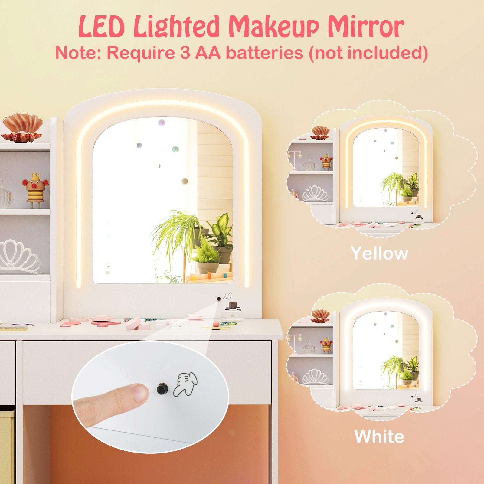 Kids Vanity Set with Lighted Mirror Makeup Desk and Chair Set with Drawers, White Kids Vanities at Gallery Canada