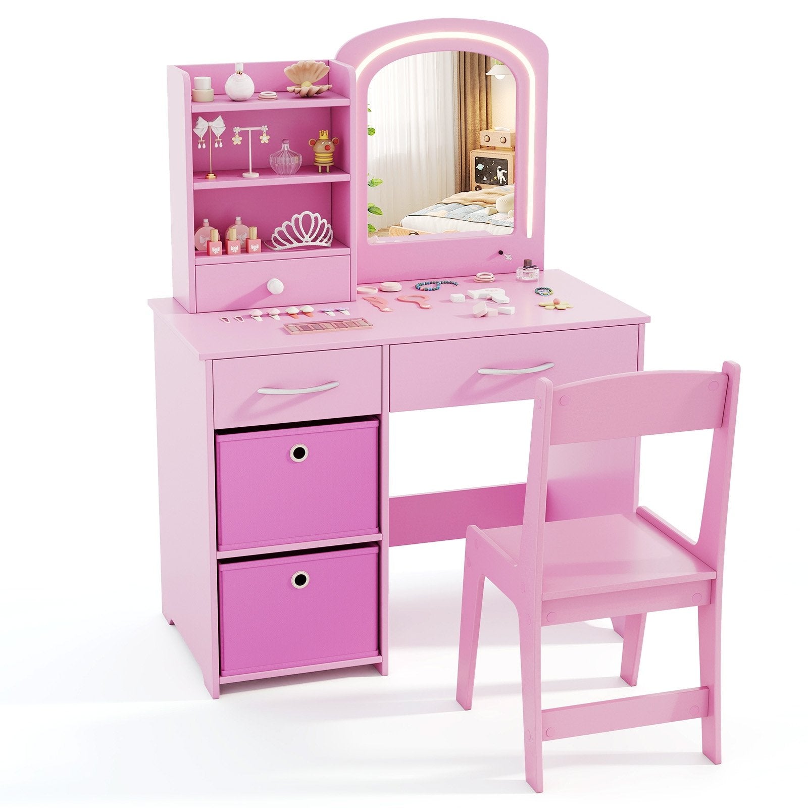 Kids Vanity Set with Lighted Mirror Makeup Desk and Chair Set with Drawers, White Kids Vanities at Gallery Canada
