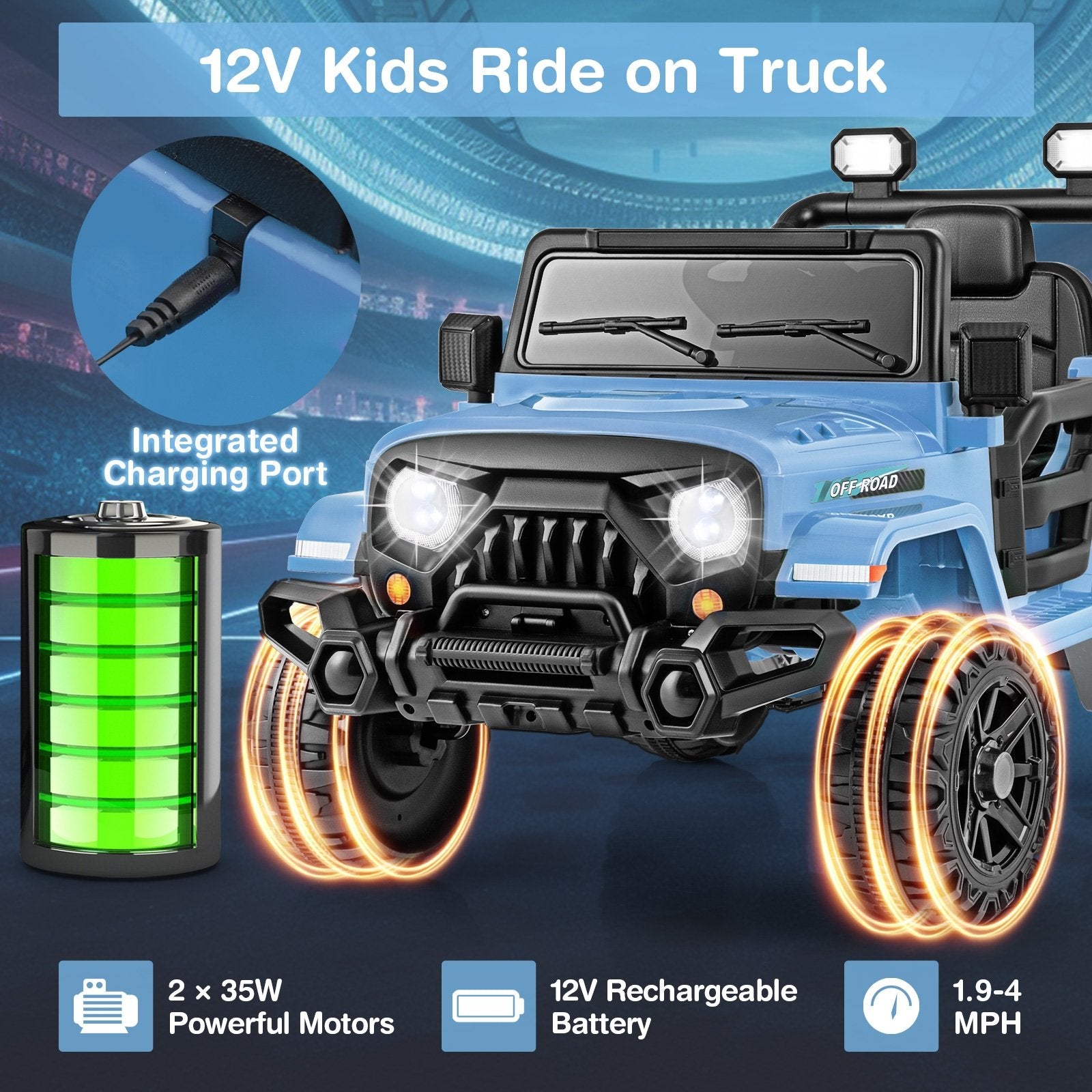 12V Kids Ride on Truck Car with Remote Control Threaded Wheels and 3 Speeds, Navy Powered Ride On Toys at Gallery Canada