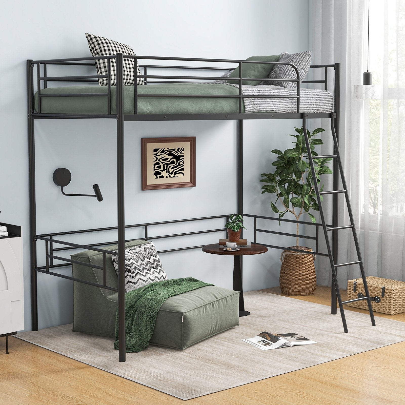 Twin Metal Loft Bed Frame with Ladder and Metal Slats Support, Black Beds & Bed Frames   at Gallery Canada