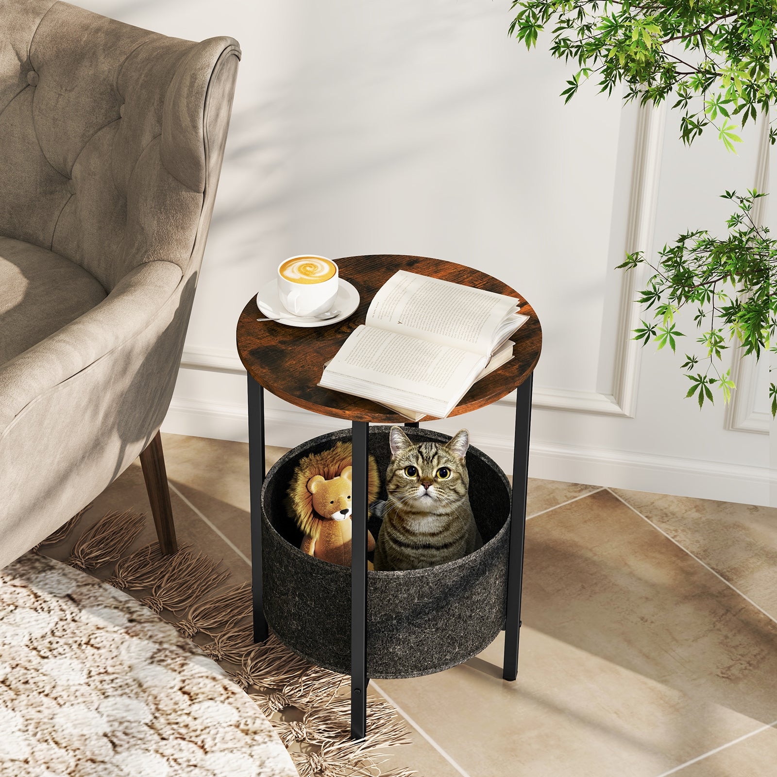 Round End Table 2-Tier Side Table with Removable Fabric Basket and Metal Frame, Rustic Brown End & Side Tables at Gallery Canada