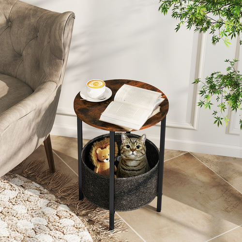 Round End Table 2-Tier Side Table with Removable Fabric Basket and Metal Frame, Rustic Brown