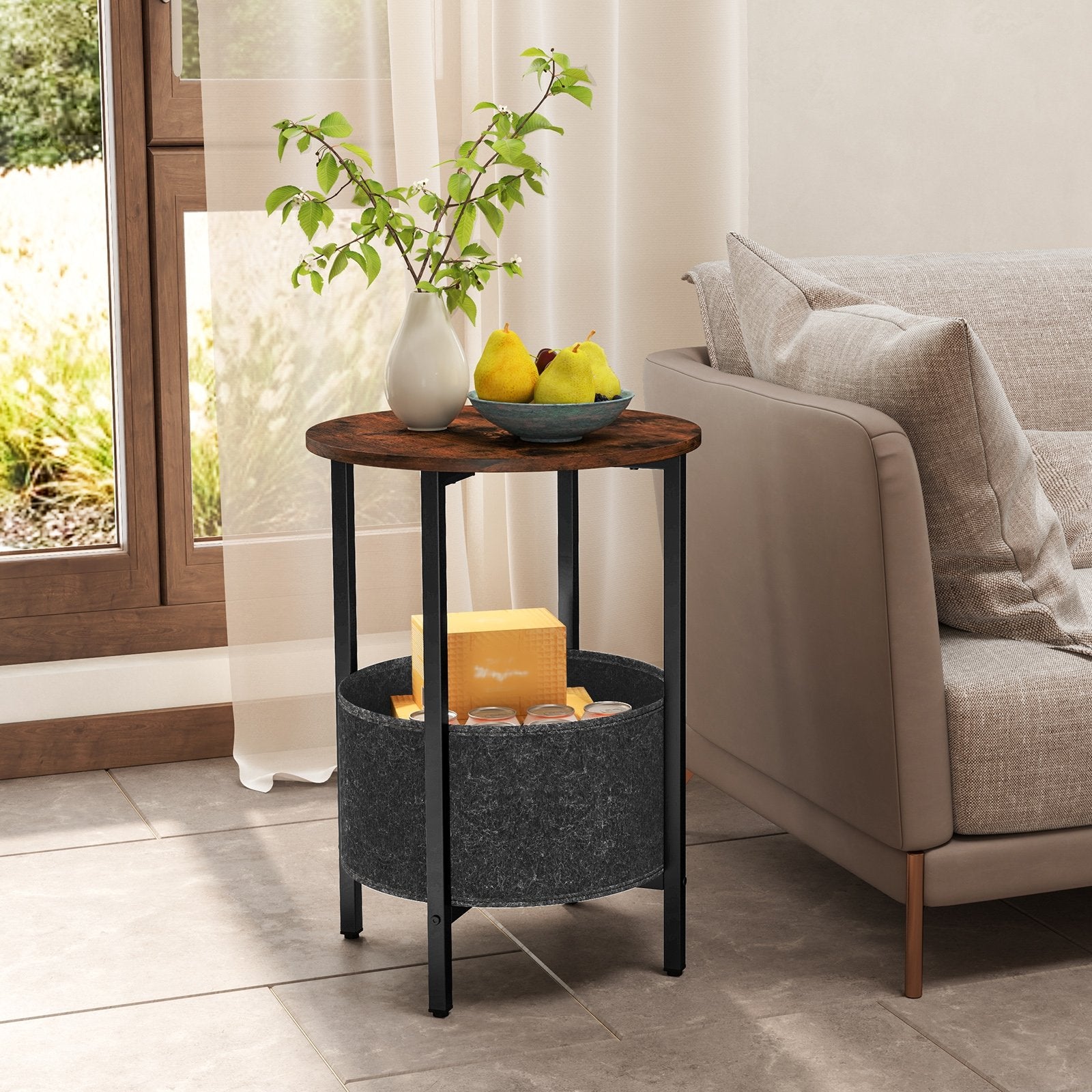 Round End Table 2-Tier Side Table with Removable Fabric Basket and Metal Frame, Rustic Brown End & Side Tables at Gallery Canada