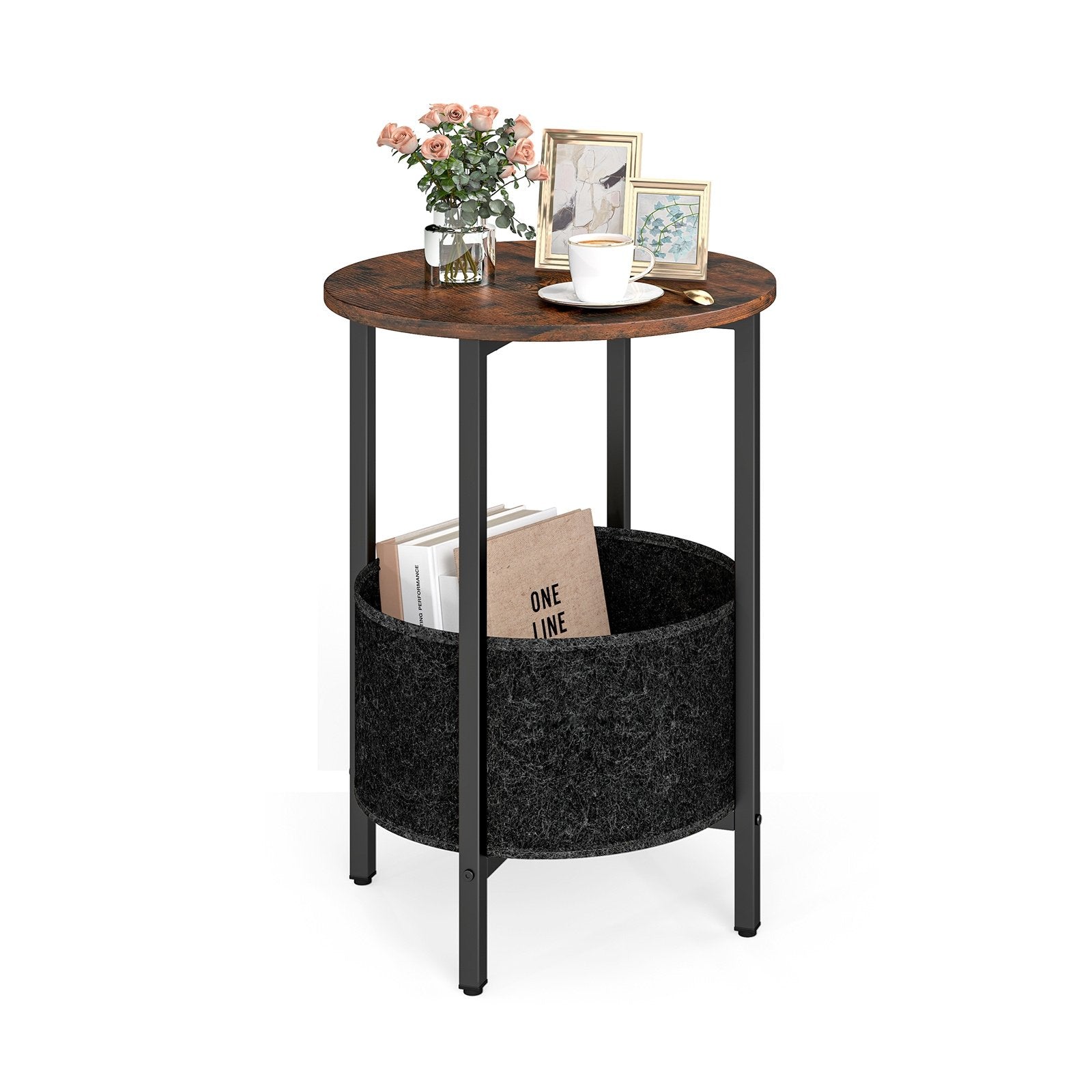 Round End Table 2-Tier Side Table with Removable Fabric Basket and Metal Frame, Rustic Brown End & Side Tables Rustic Brown at Gallery Canada