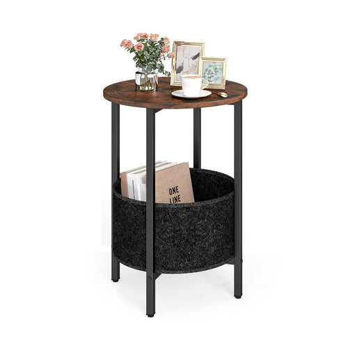 Round End Table 2-Tier Side Table with Removable Fabric Basket and Metal Frame, Rustic Brown
