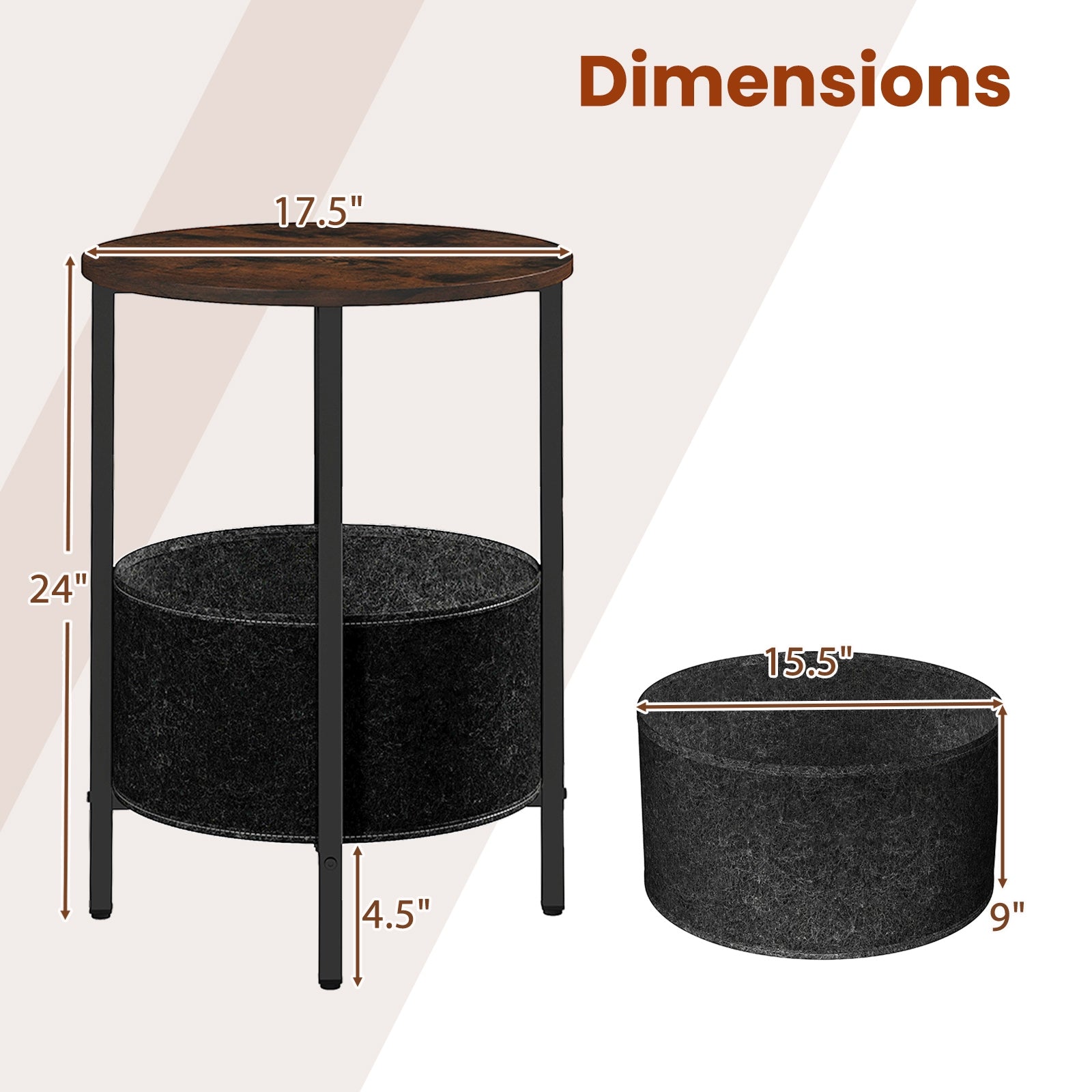 Round End Table 2-Tier Side Table with Removable Fabric Basket and Metal Frame, Rustic Brown End & Side Tables at Gallery Canada