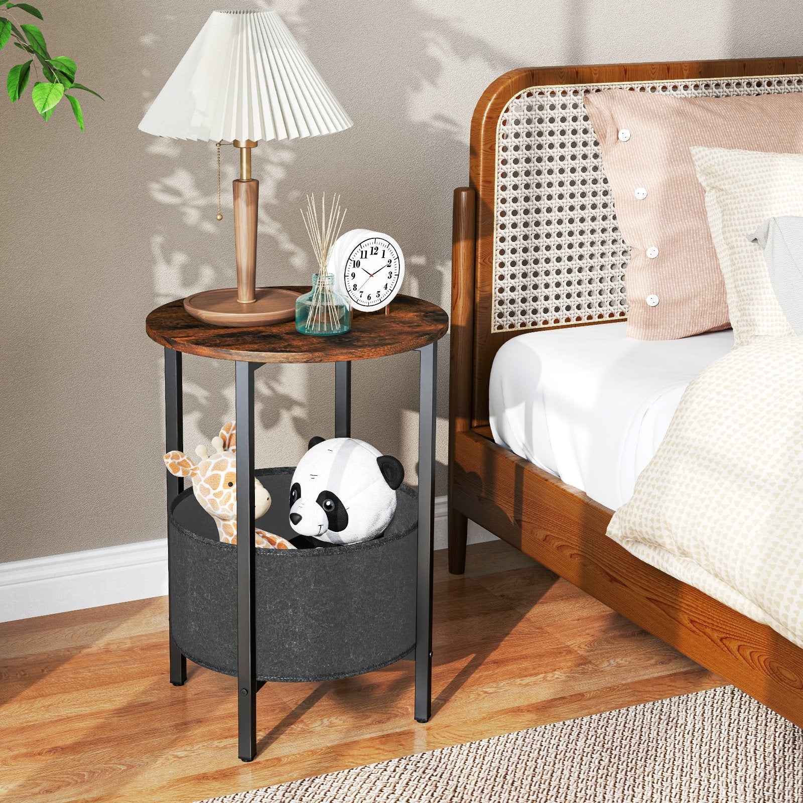 Round End Table 2-Tier Side Table with Removable Fabric Basket and Metal Frame, Rustic Brown End & Side Tables at Gallery Canada