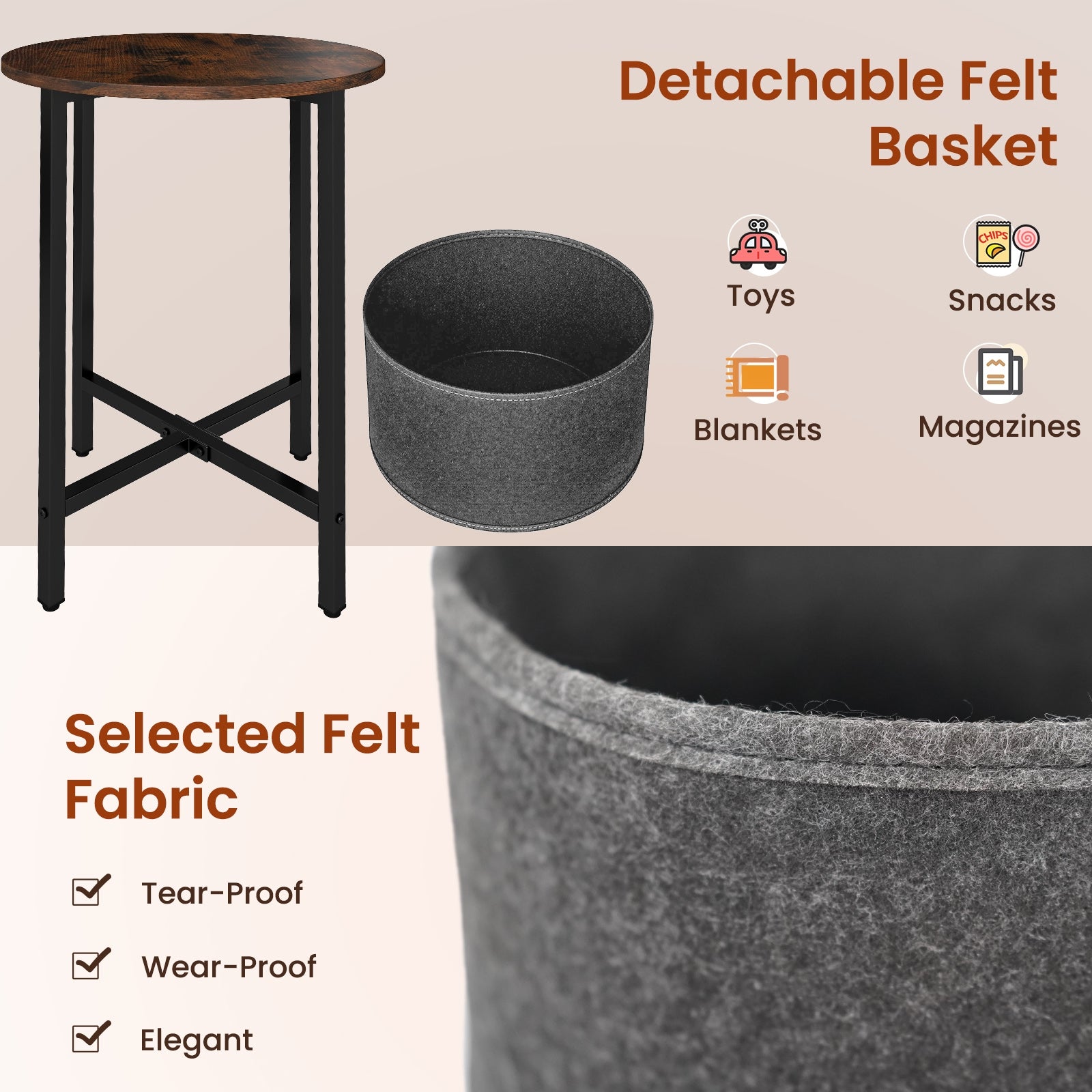 Round End Table 2-Tier Side Table with Removable Fabric Basket and Metal Frame, Rustic Brown End & Side Tables at Gallery Canada
