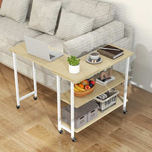 360° Rotating Sofa Side Table with 2-Tier Storage Shelves, Natural