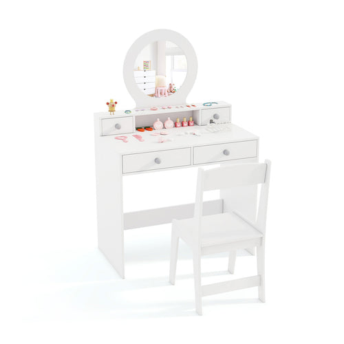 Kids Vanity Set with Mirror Princess Makeup Dressing Desk and Chair Set with Mirror, White
