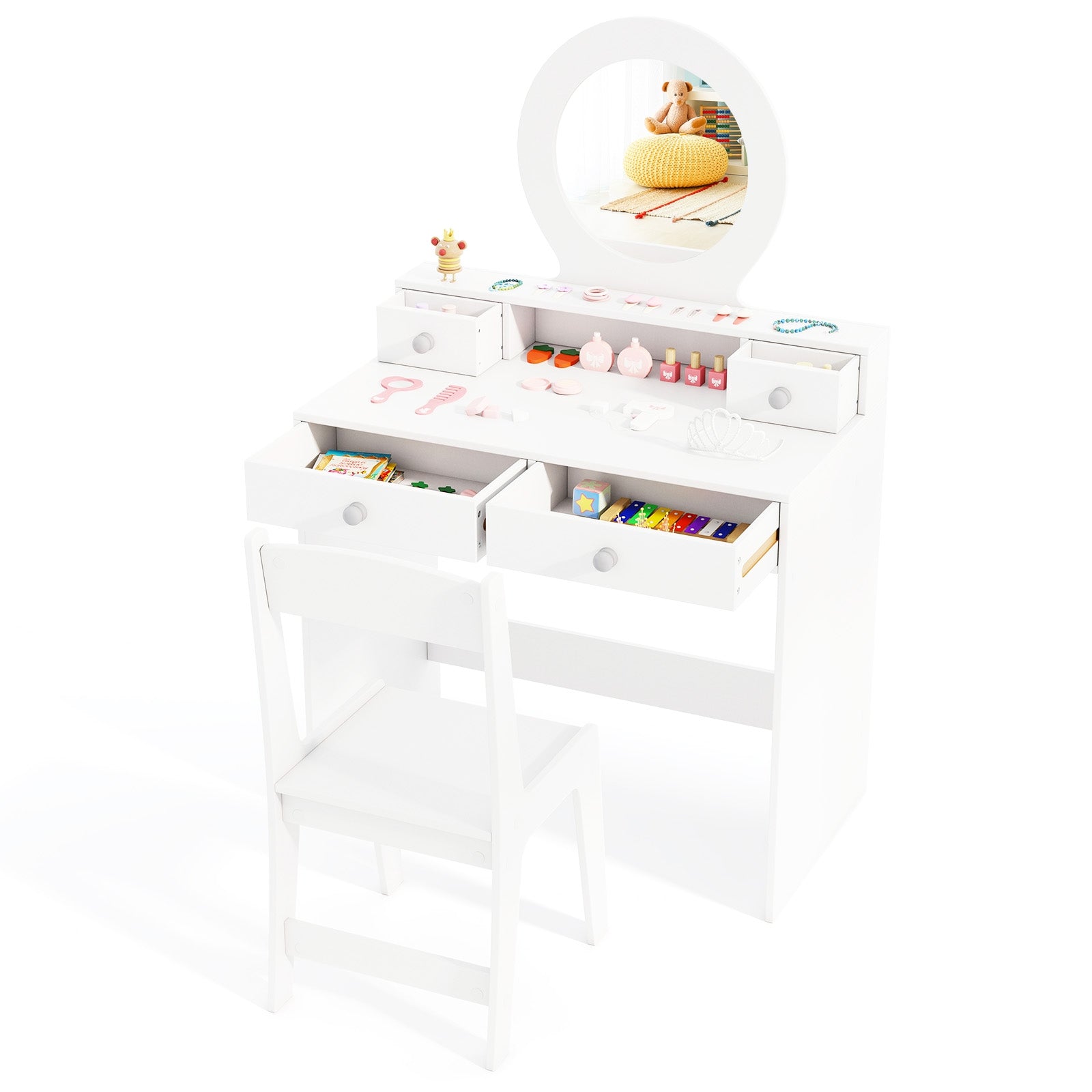 Kids Vanity Set with Mirror Princess Makeup Dressing Desk and Chair Set with Mirror, White Kids Vanities at Gallery Canada