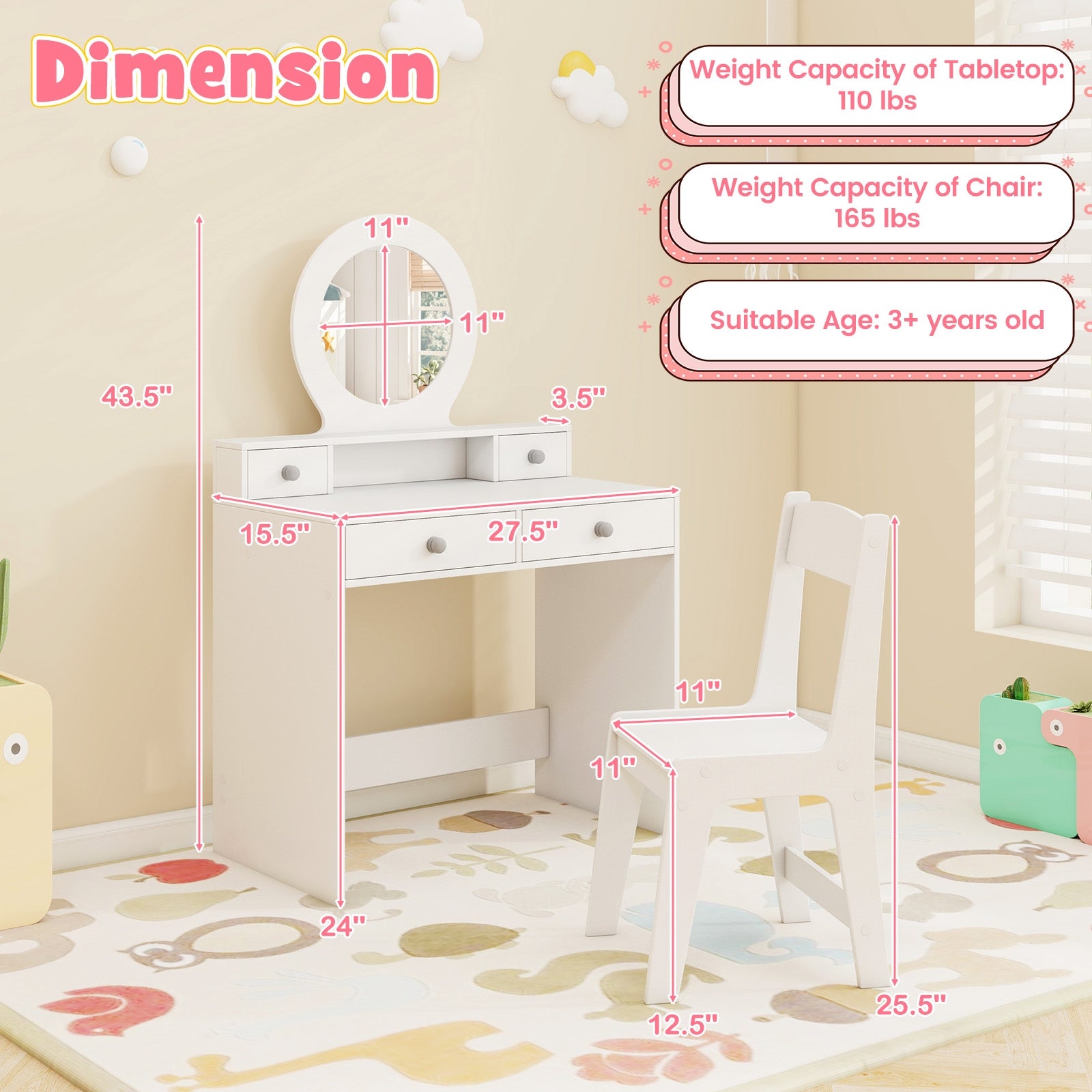 Kids Vanity Set with Mirror Princess Makeup Dressing Desk and Chair Set with Mirror, White Kids Vanities at Gallery Canada