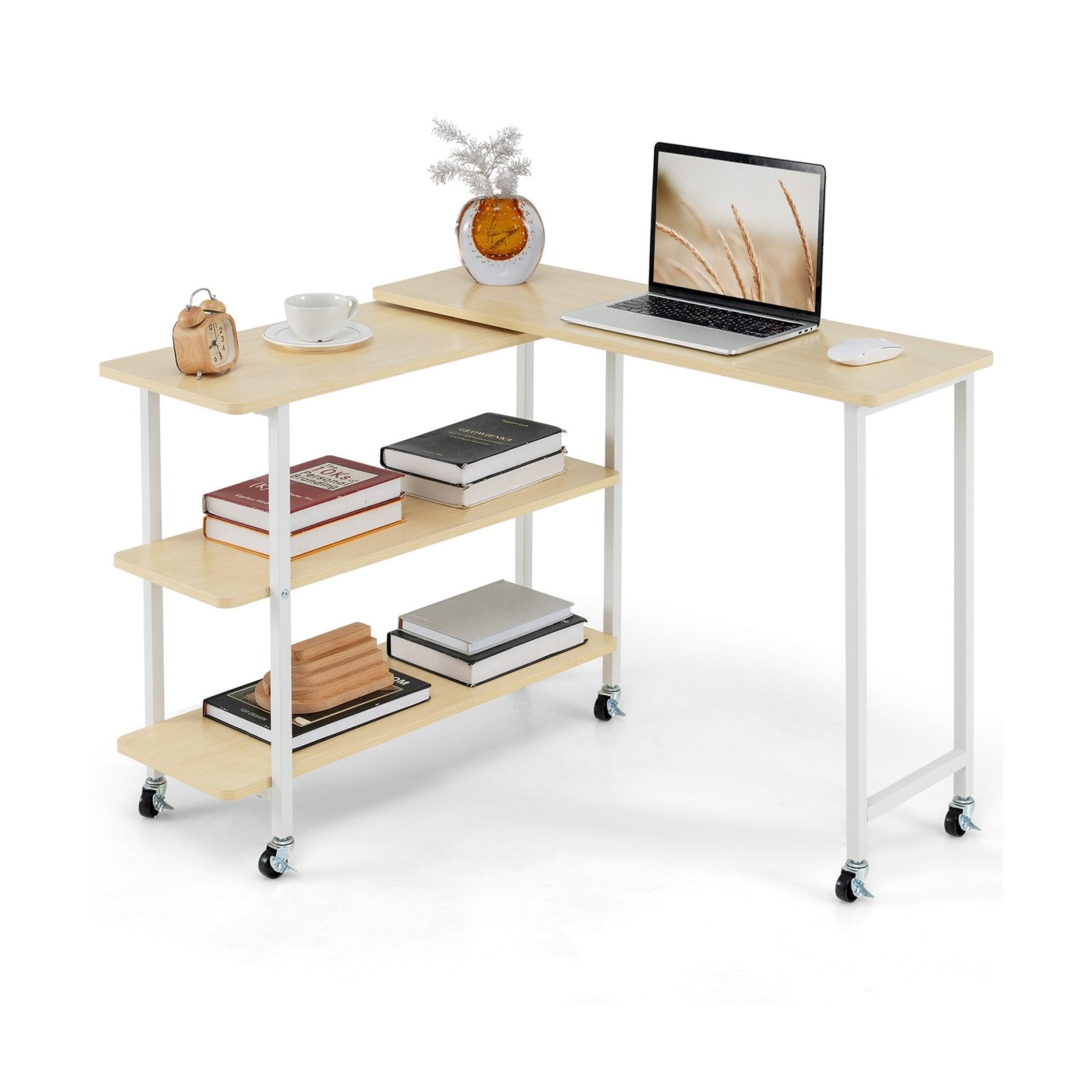 360° Rotating Sofa Side Table with 2-Tier Storage Shelves, Natural L-Shaped Desks Natural at Gallery Canada