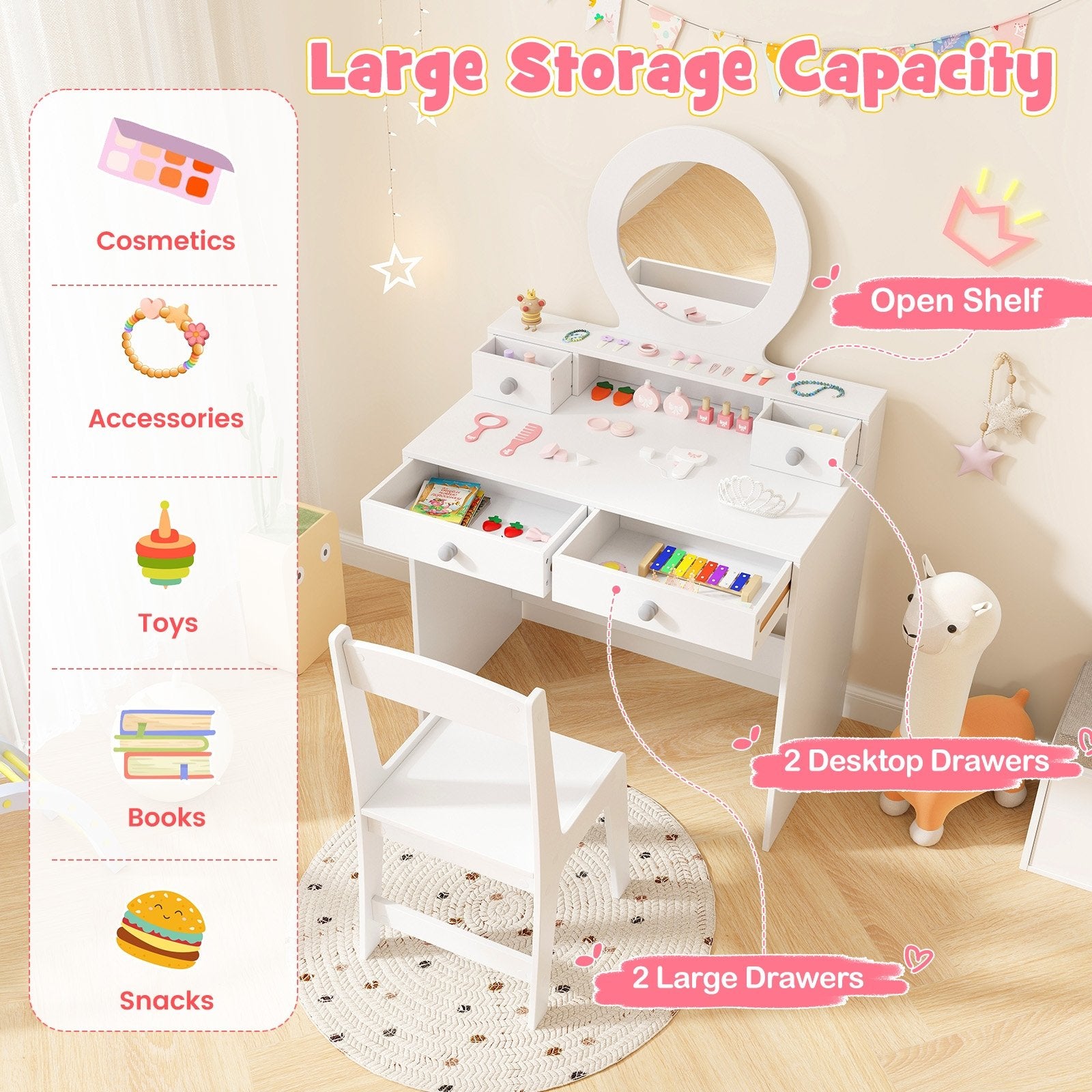 Kids Vanity Set with Mirror Princess Makeup Dressing Desk and Chair Set with Mirror, White Kids Vanities at Gallery Canada