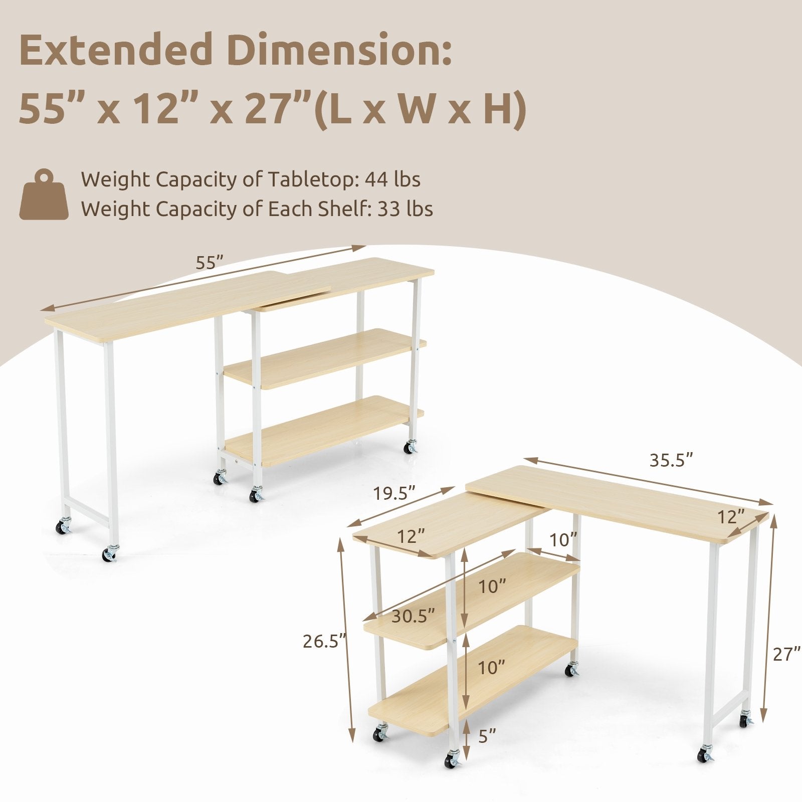 360° Rotating Sofa Side Table with 2-Tier Storage Shelves, Natural L-Shaped Desks   at Gallery Canada