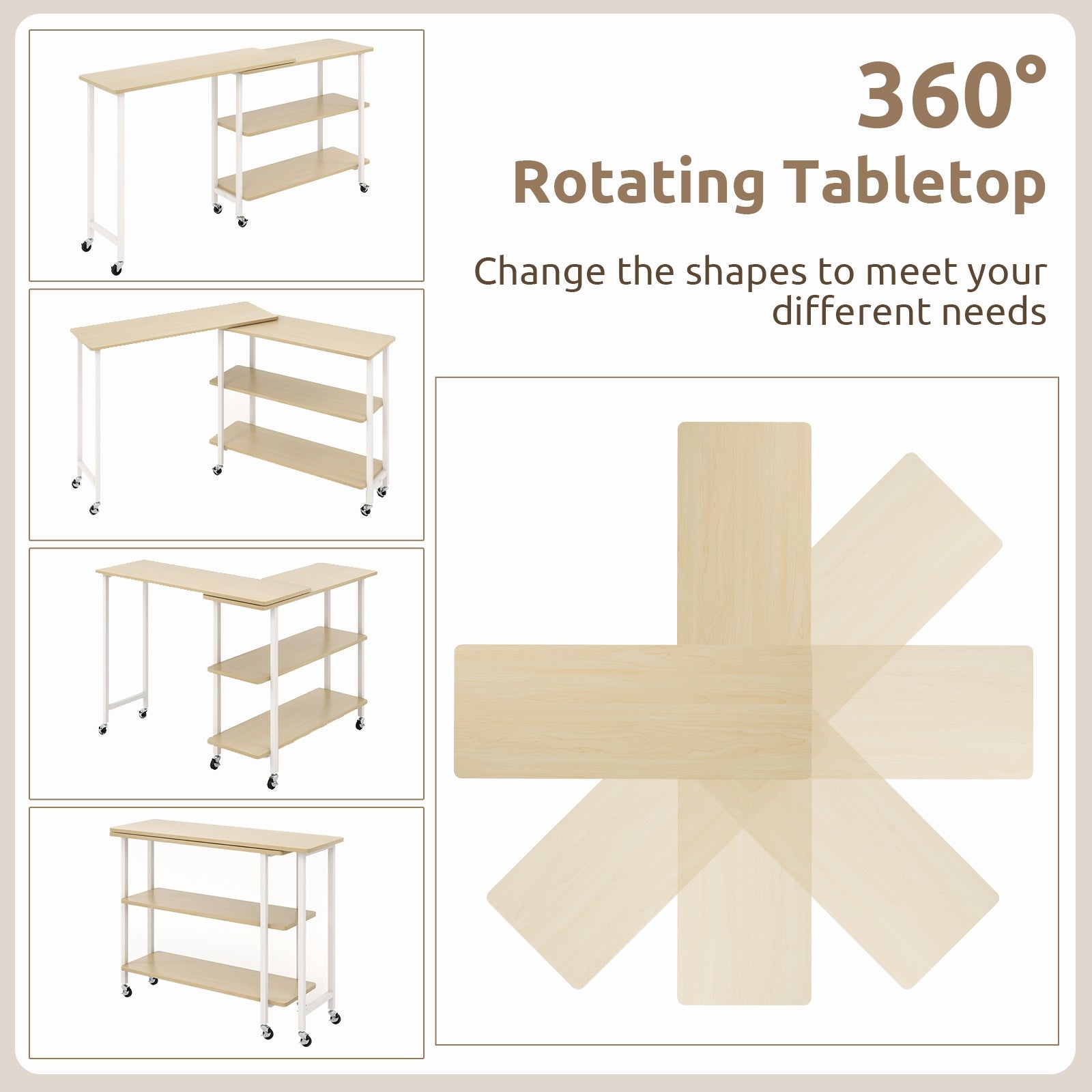 360° Rotating Sofa Side Table with 2-Tier Storage Shelves, Natural L-Shaped Desks   at Gallery Canada