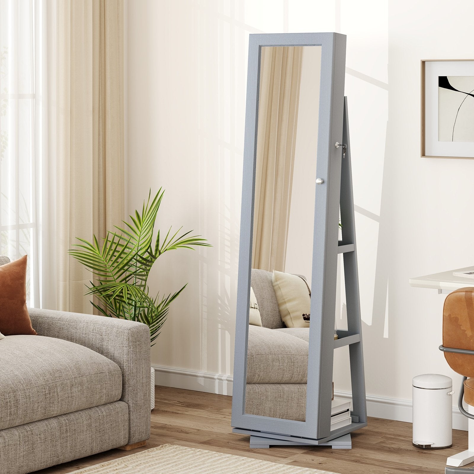 360° Rotatable 2-in-1 Lockable Jewelry Cabinet with Full-Length Mirror, Gray Jewelry Armoires at Gallery Canada