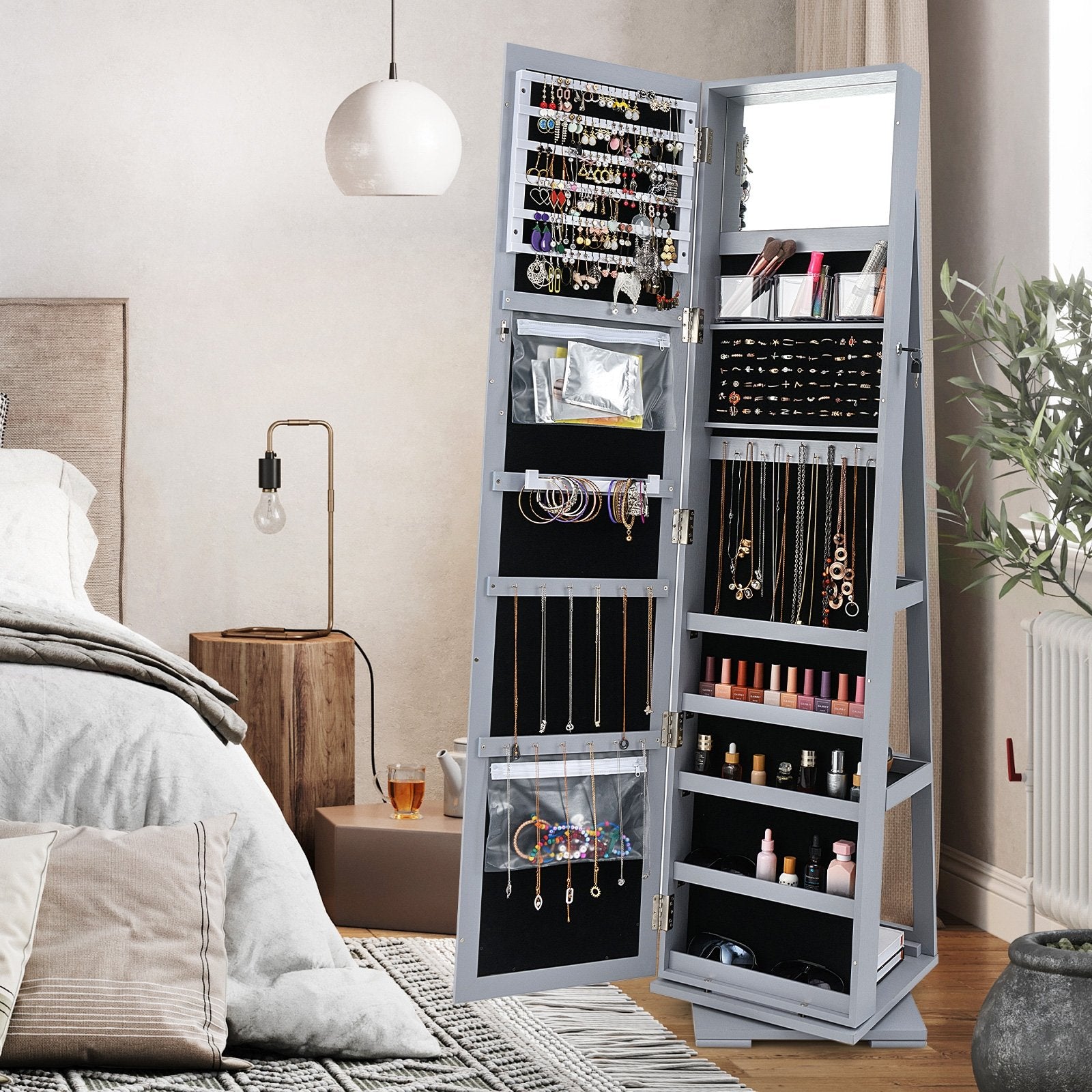 360° Rotatable 2-in-1 Lockable Jewelry Cabinet with Full-Length Mirror, Gray Jewelry Armoires at Gallery Canada