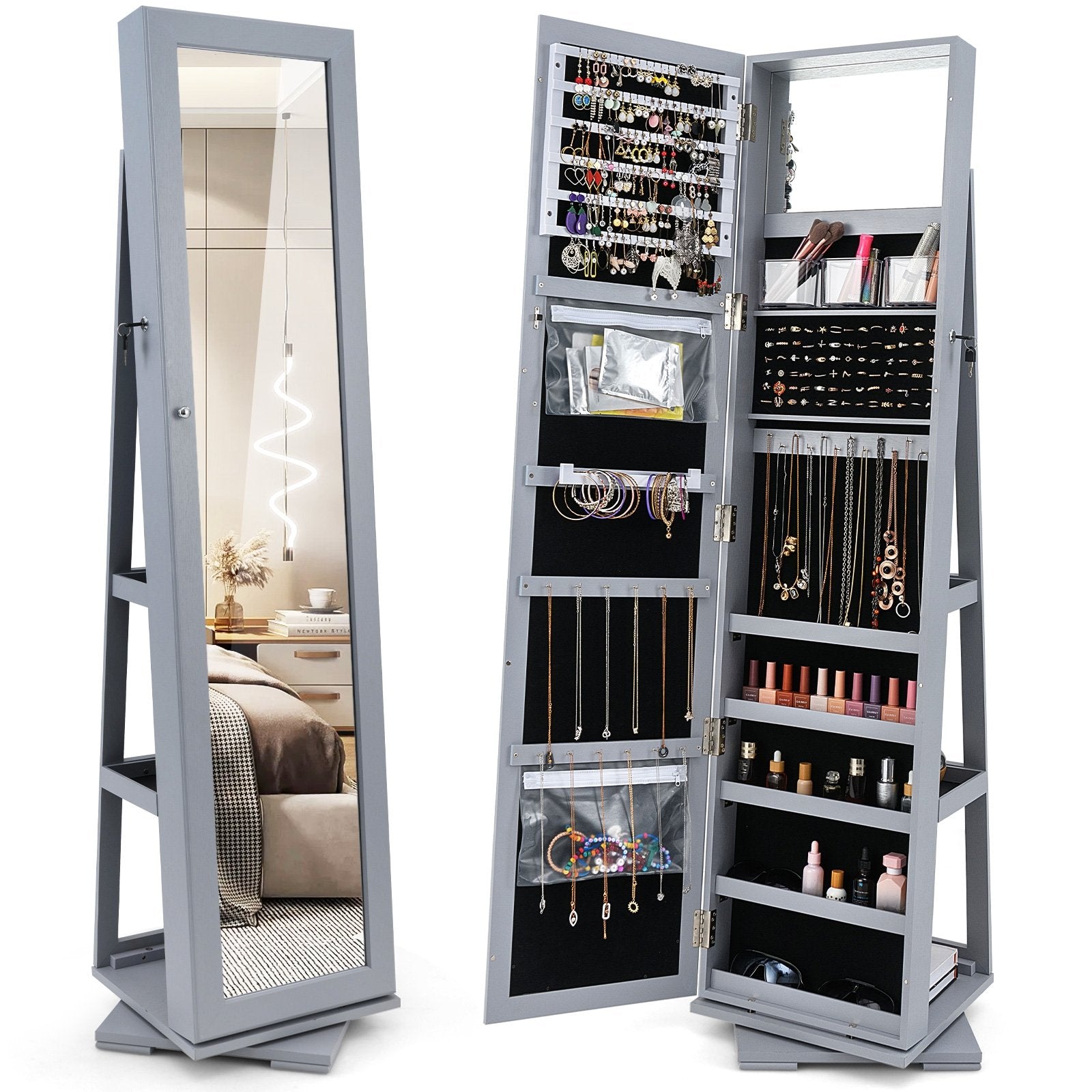 360° Rotatable 2-in-1 Lockable Jewelry Cabinet with Full-Length Mirror, Gray Jewelry Armoires Gray at Gallery Canada