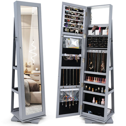 360° Rotatable 2-in-1 Lockable Jewelry Cabinet with Full-Length Mirror, Gray