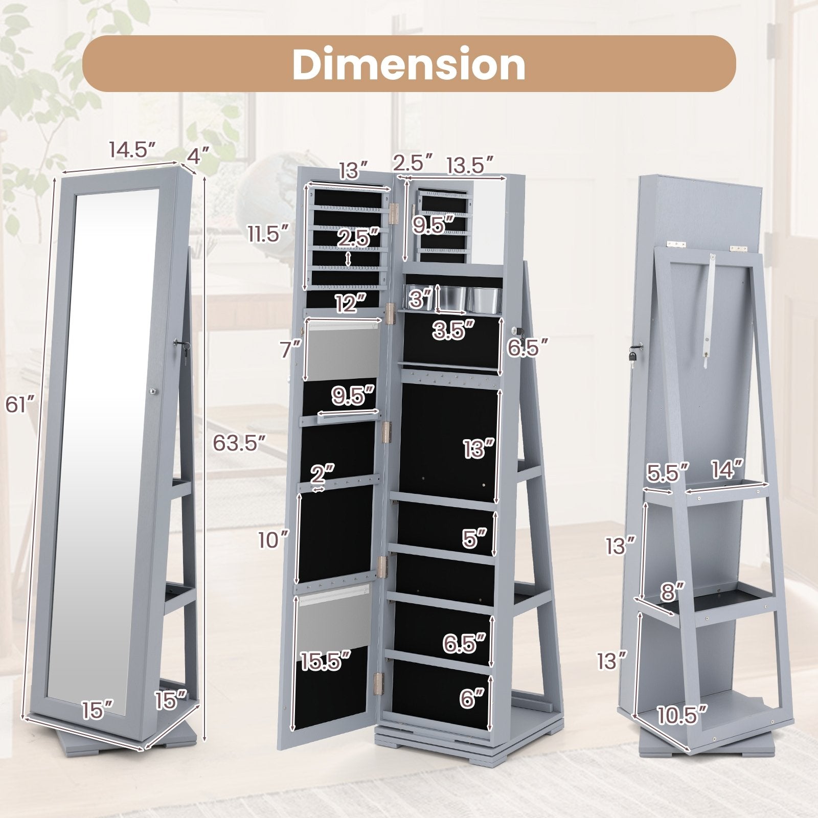 360° Rotatable 2-in-1 Lockable Jewelry Cabinet with Full-Length Mirror, Gray Jewelry Armoires at Gallery Canada