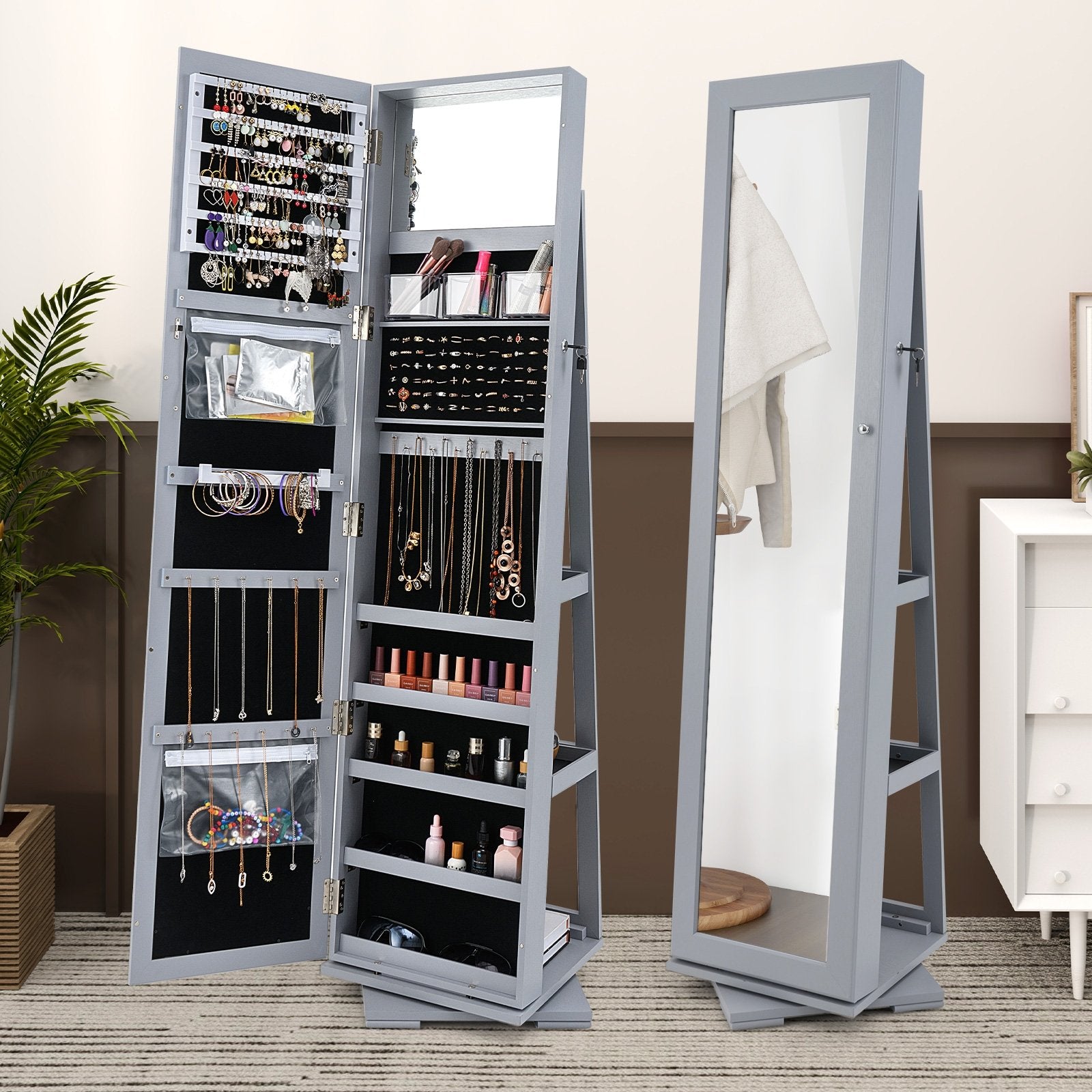 360° Rotatable 2-in-1 Lockable Jewelry Cabinet with Full-Length Mirror, Gray Jewelry Armoires at Gallery Canada