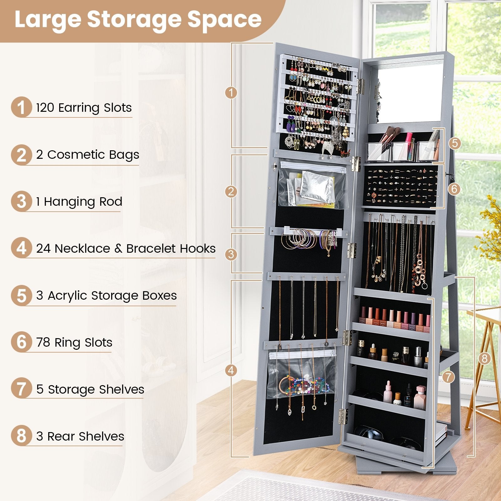 360° Rotatable 2-in-1 Lockable Jewelry Cabinet with Full-Length Mirror, Gray Jewelry Armoires at Gallery Canada