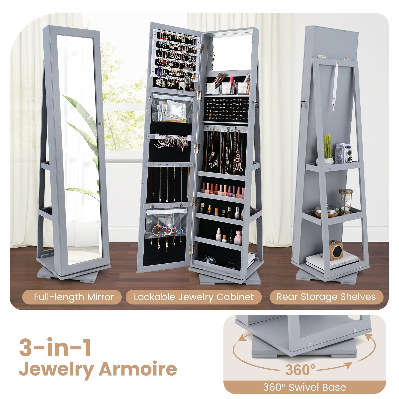 360° Rotatable 2-in-1 Lockable Jewelry Cabinet with Full-Length Mirror, Gray Jewelry Armoires at Gallery Canada