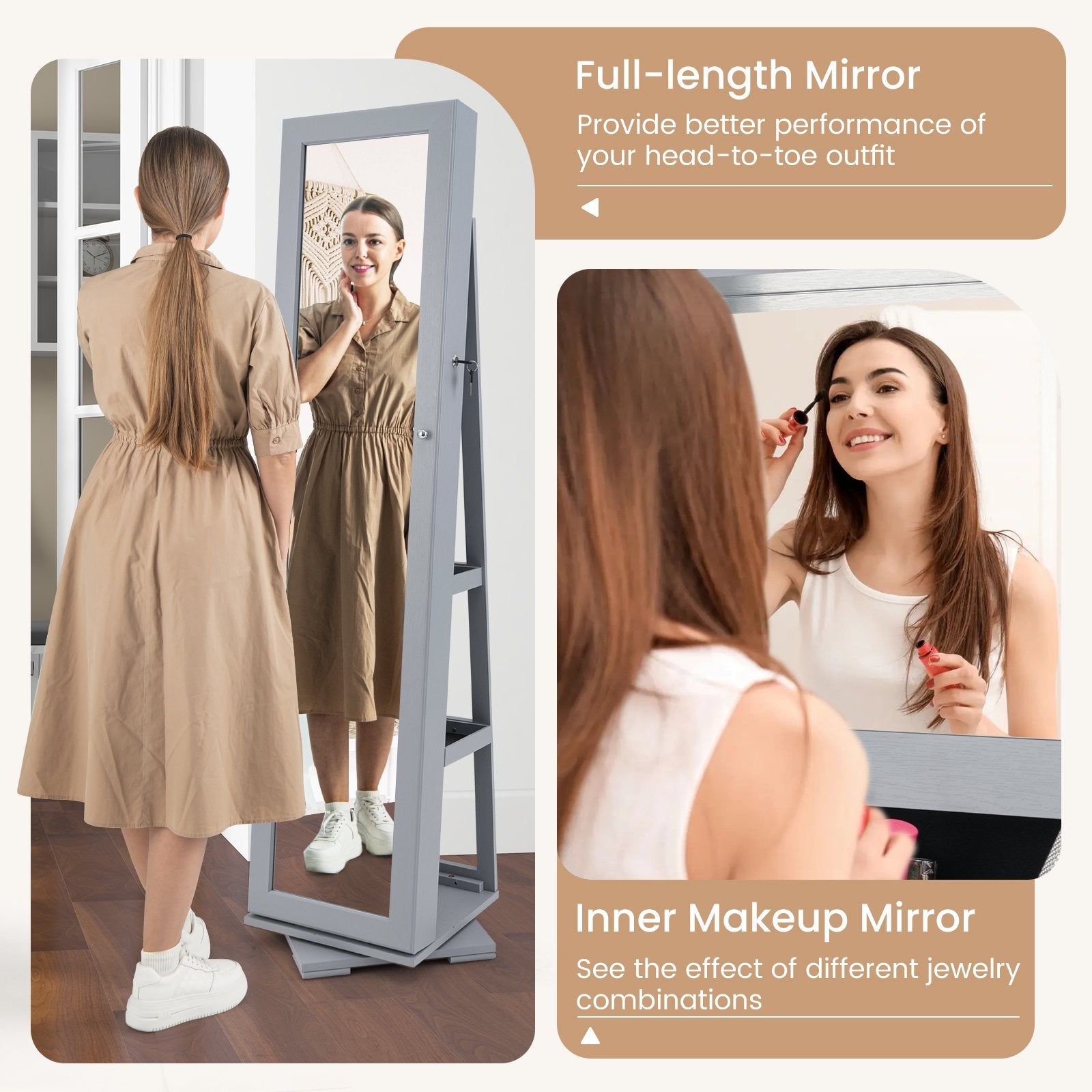 360° Rotatable 2-in-1 Lockable Jewelry Cabinet with Full-Length Mirror, Gray Jewelry Armoires at Gallery Canada