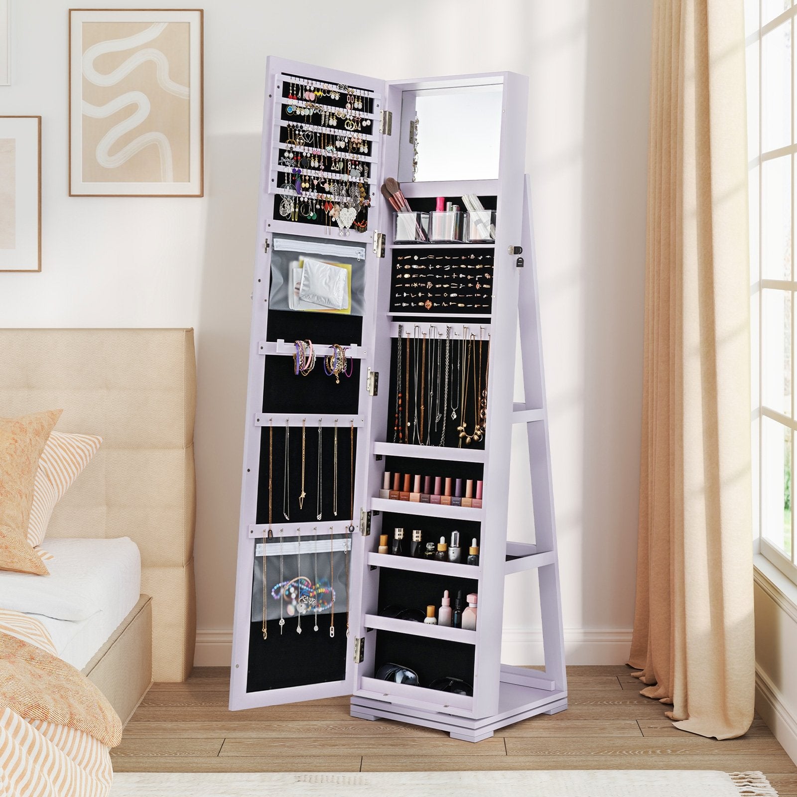 360° Rotatable 2-in-1 Lockable Jewelry Cabinet with Full-Length Mirror, Purple Jewelry Armoires at Gallery Canada
