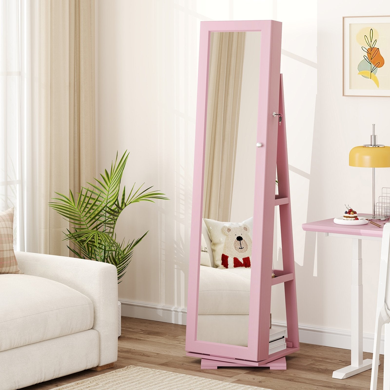 360° Rotatable 2-in-1 Lockable Jewelry Cabinet with Full-Length Mirror, Pink Jewelry Armoires at Gallery Canada