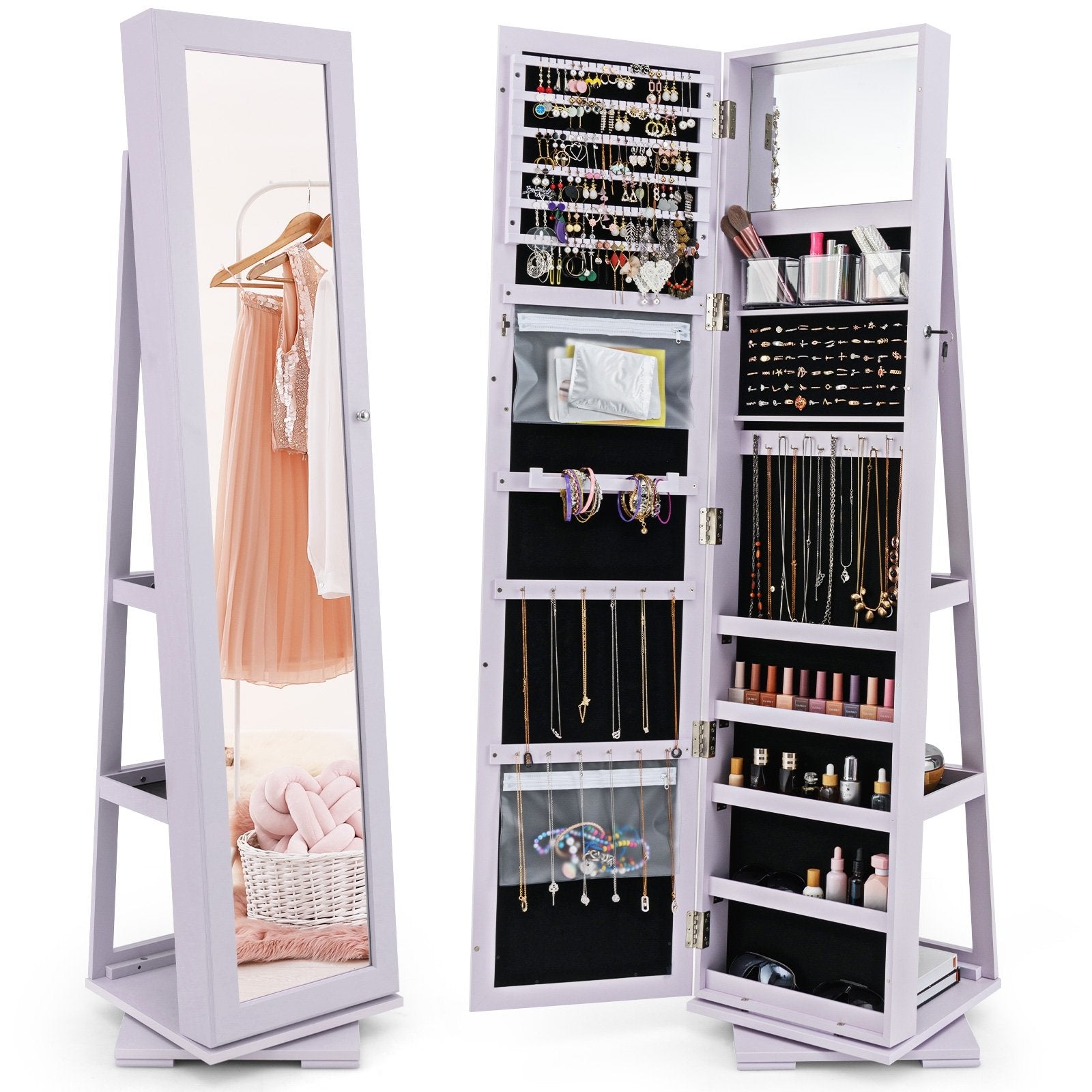 360° Rotatable 2-in-1 Lockable Jewelry Cabinet with Full-Length Mirror, Purple Jewelry Armoires Purple at Gallery Canada