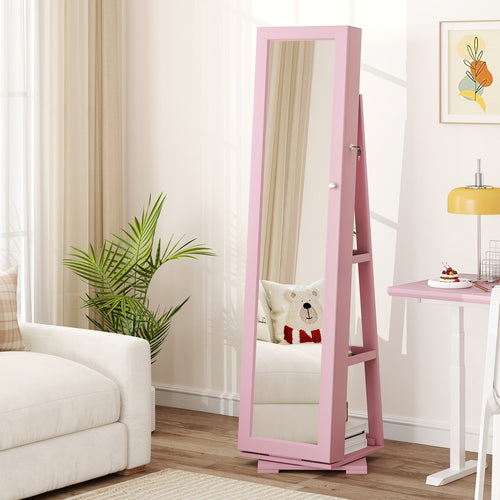 360° Rotatable 2-in-1 Lockable Jewelry Cabinet with Full-Length Mirror, Pink