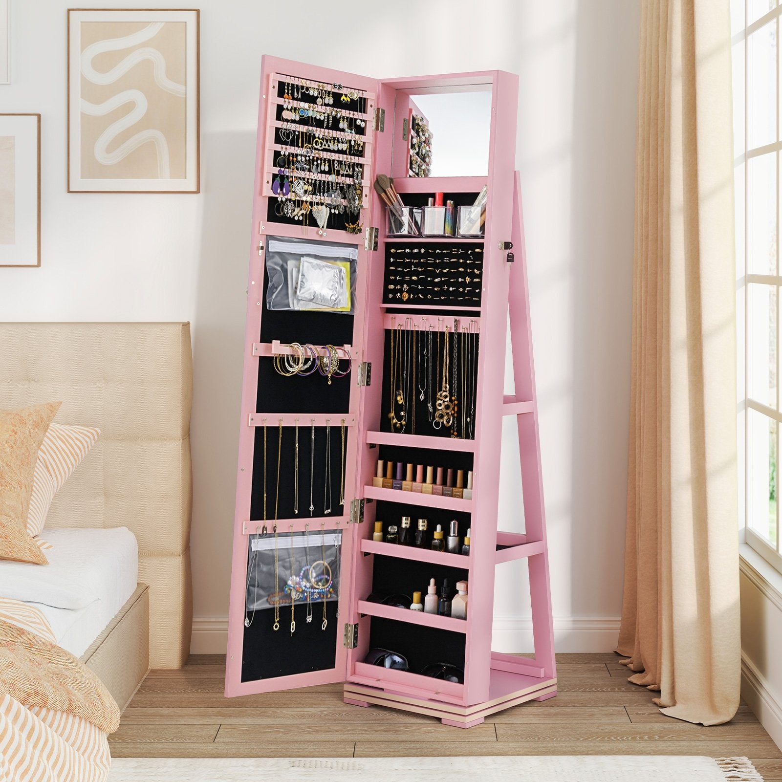 360° Rotatable 2-in-1 Lockable Jewelry Cabinet with Full-Length Mirror, Pink Jewelry Armoires at Gallery Canada