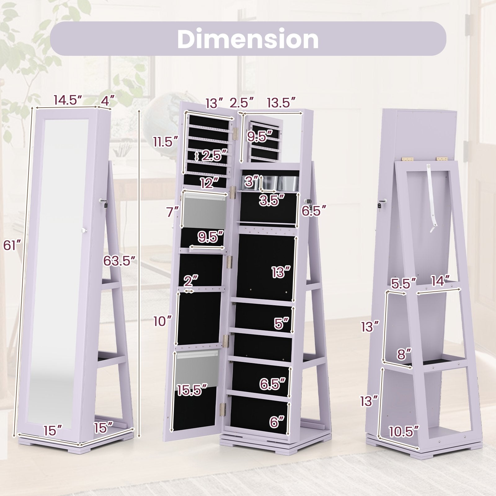 360° Rotatable 2-in-1 Lockable Jewelry Cabinet with Full-Length Mirror, Purple Jewelry Armoires at Gallery Canada